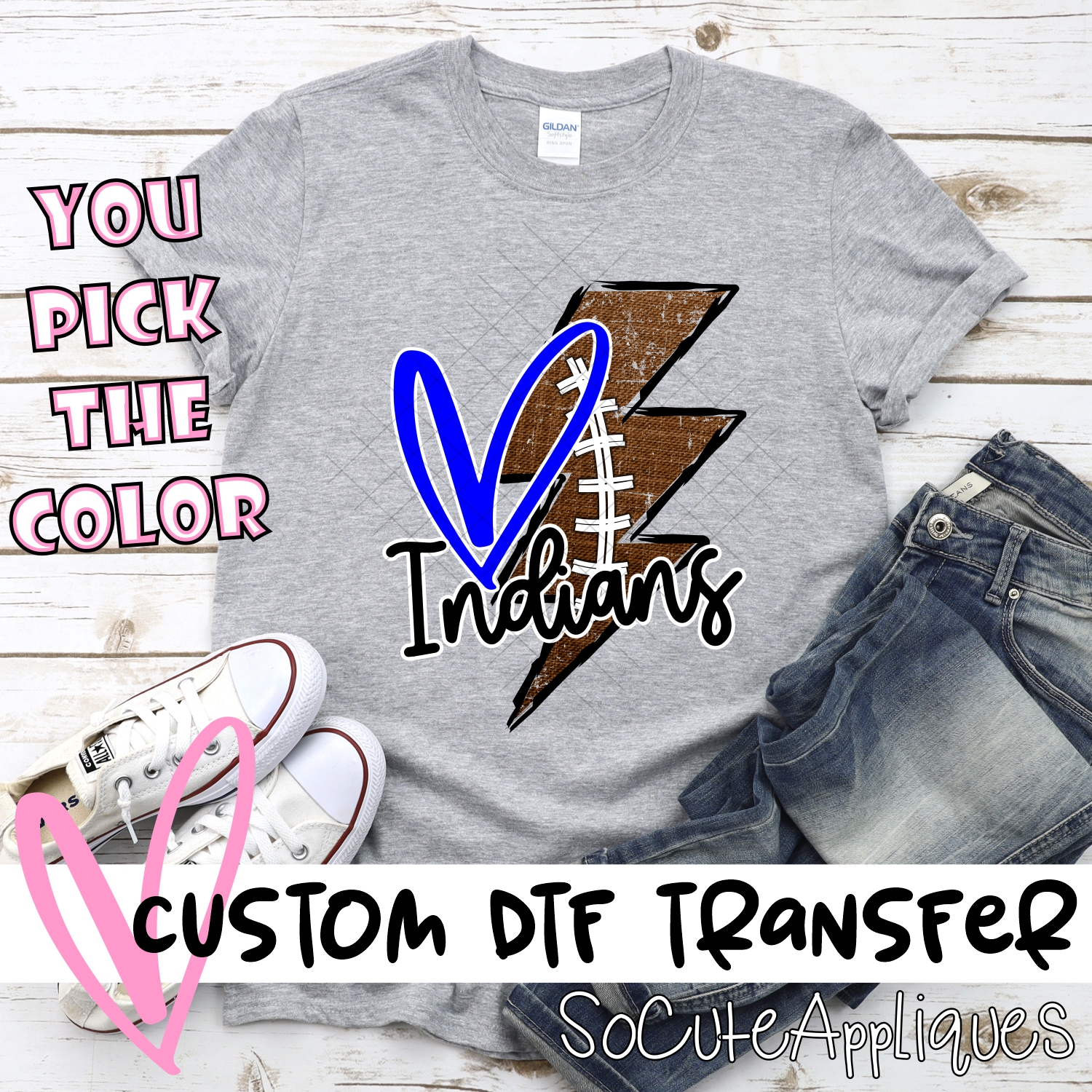 CUSTOM Indians football lightning bolt heart *DTF* Transfer