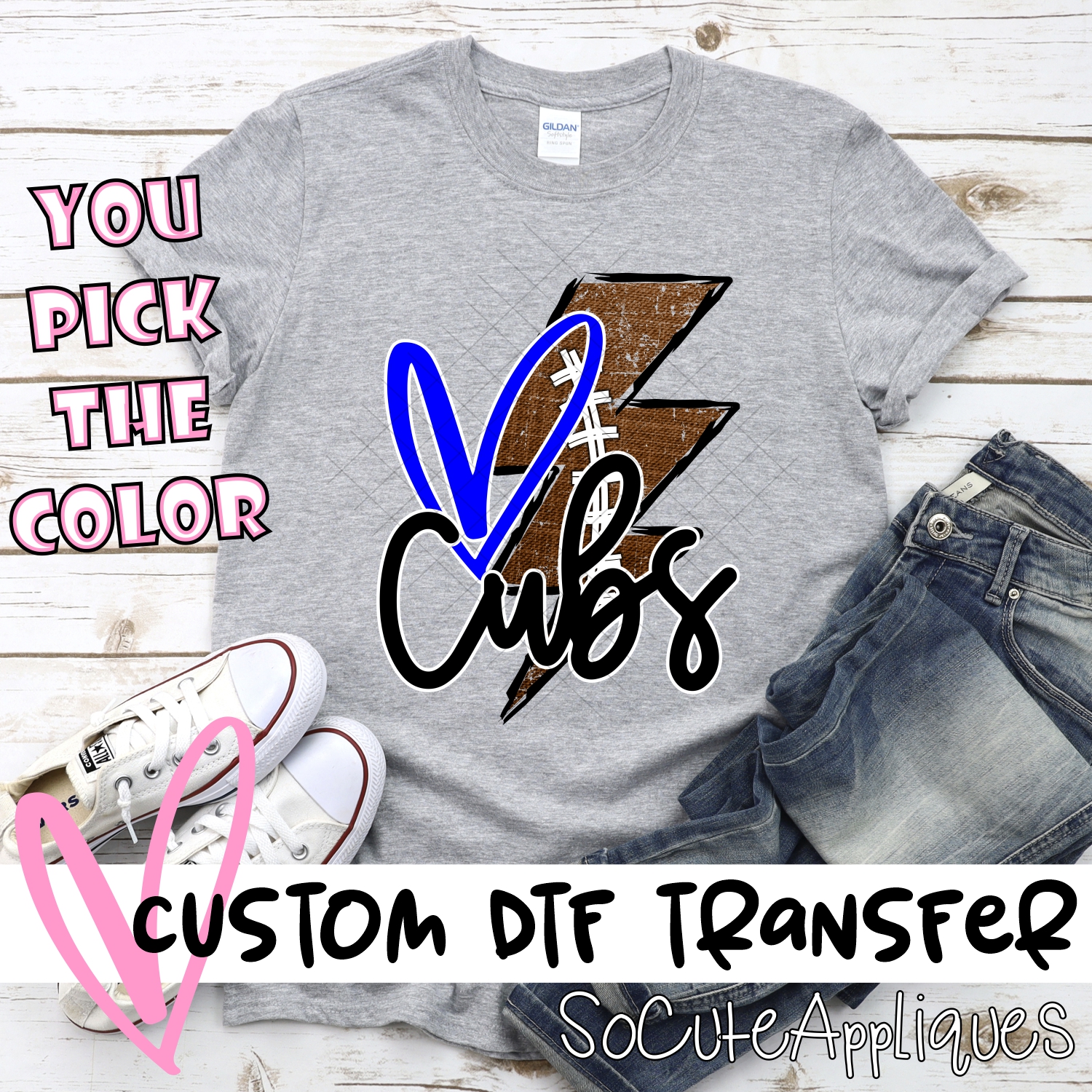 CUSTOM Cubs football lightning bolt heart *DTF* Transfer