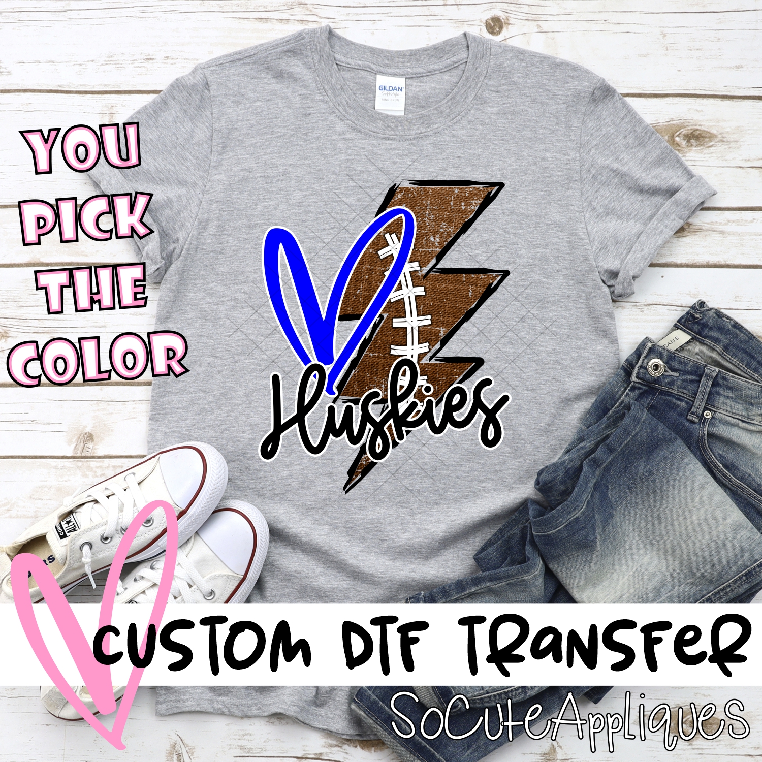 CUSTOM Huskies football lightning bolt heart *DTF* Transfer