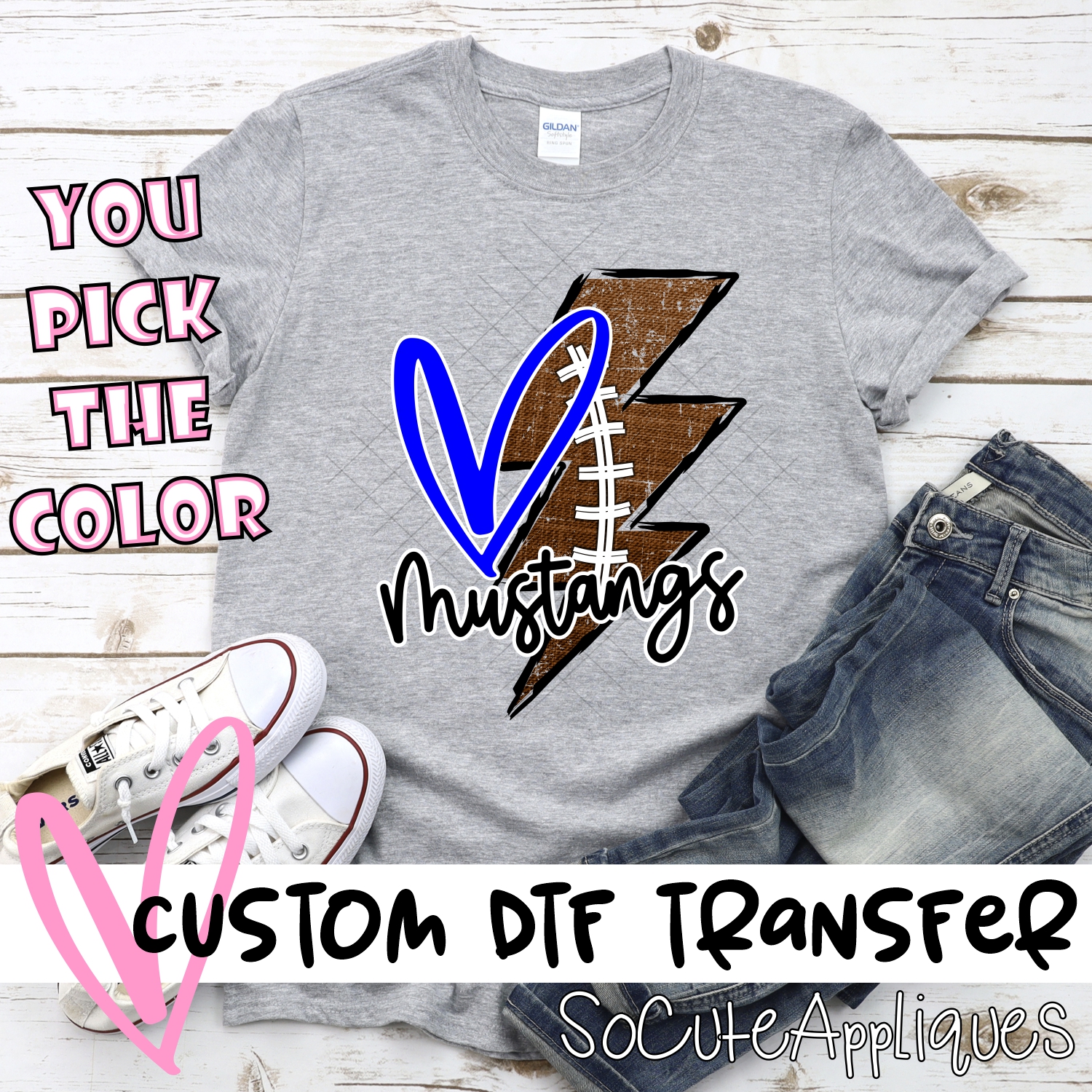 CUSTOM Mustangs football lightning bolt heart *DTF* Transfer