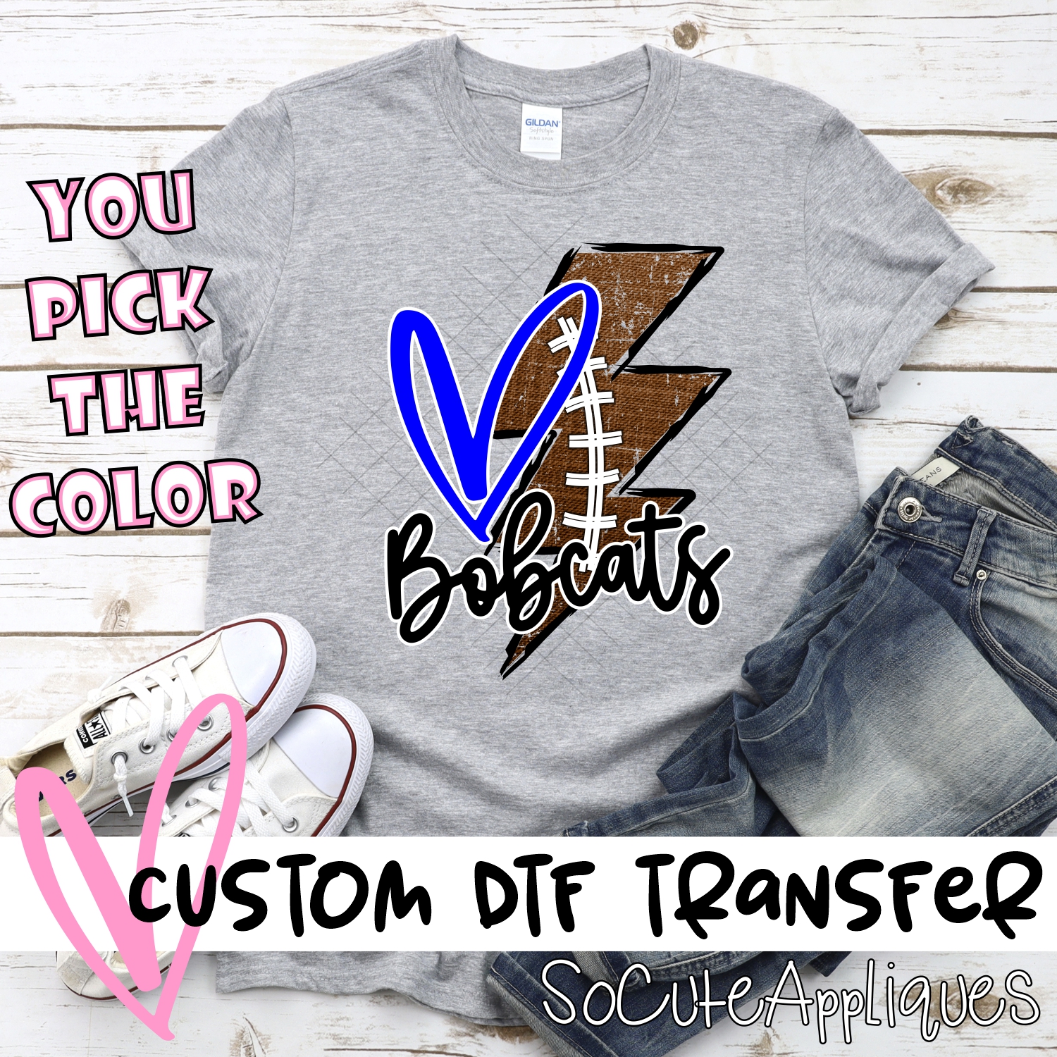 CUSTOM Bobcats football lightning bolt heart *DTF* Transfer
