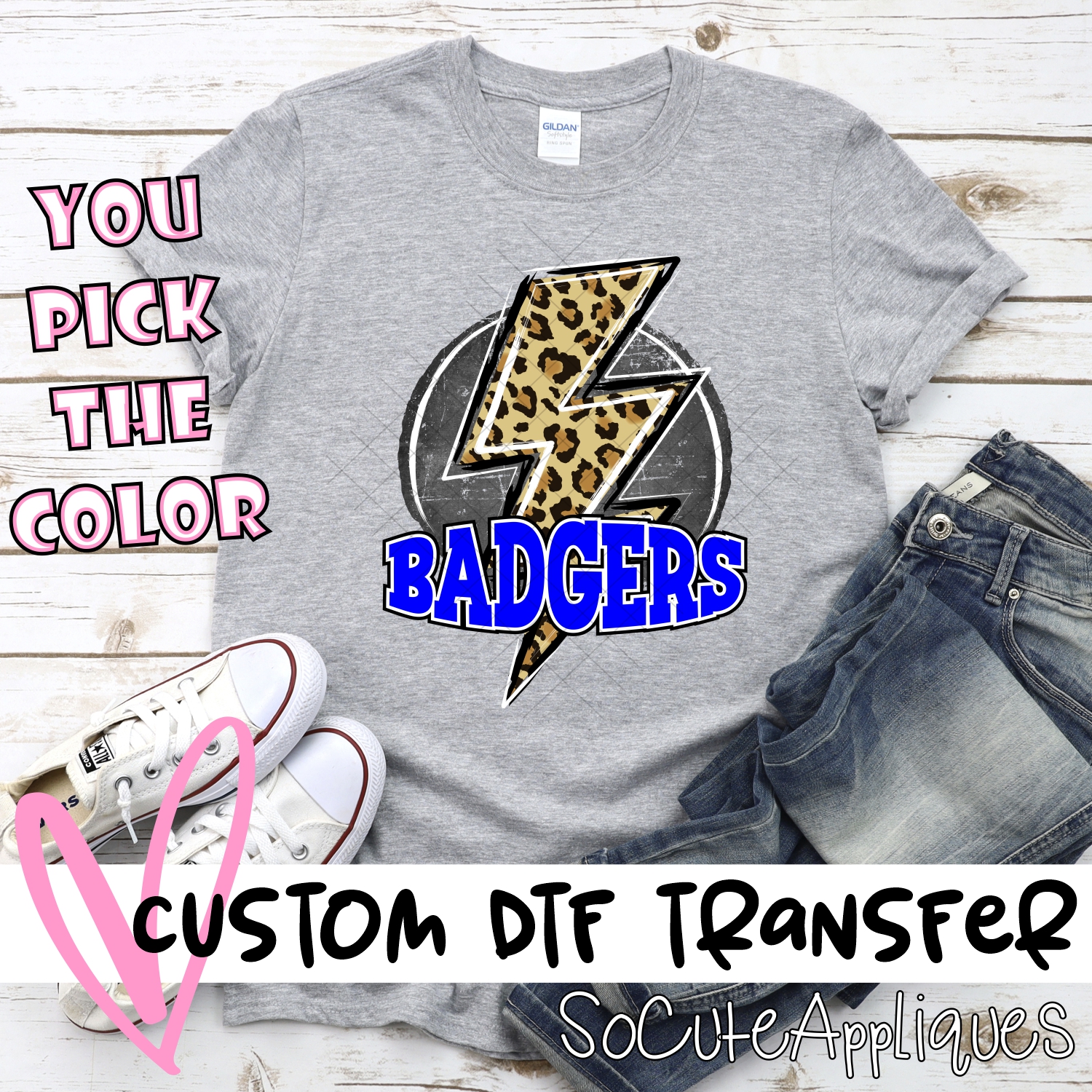 CUSTOM  Badgers Leopard lightning bolt on black circle *DTF Transfer