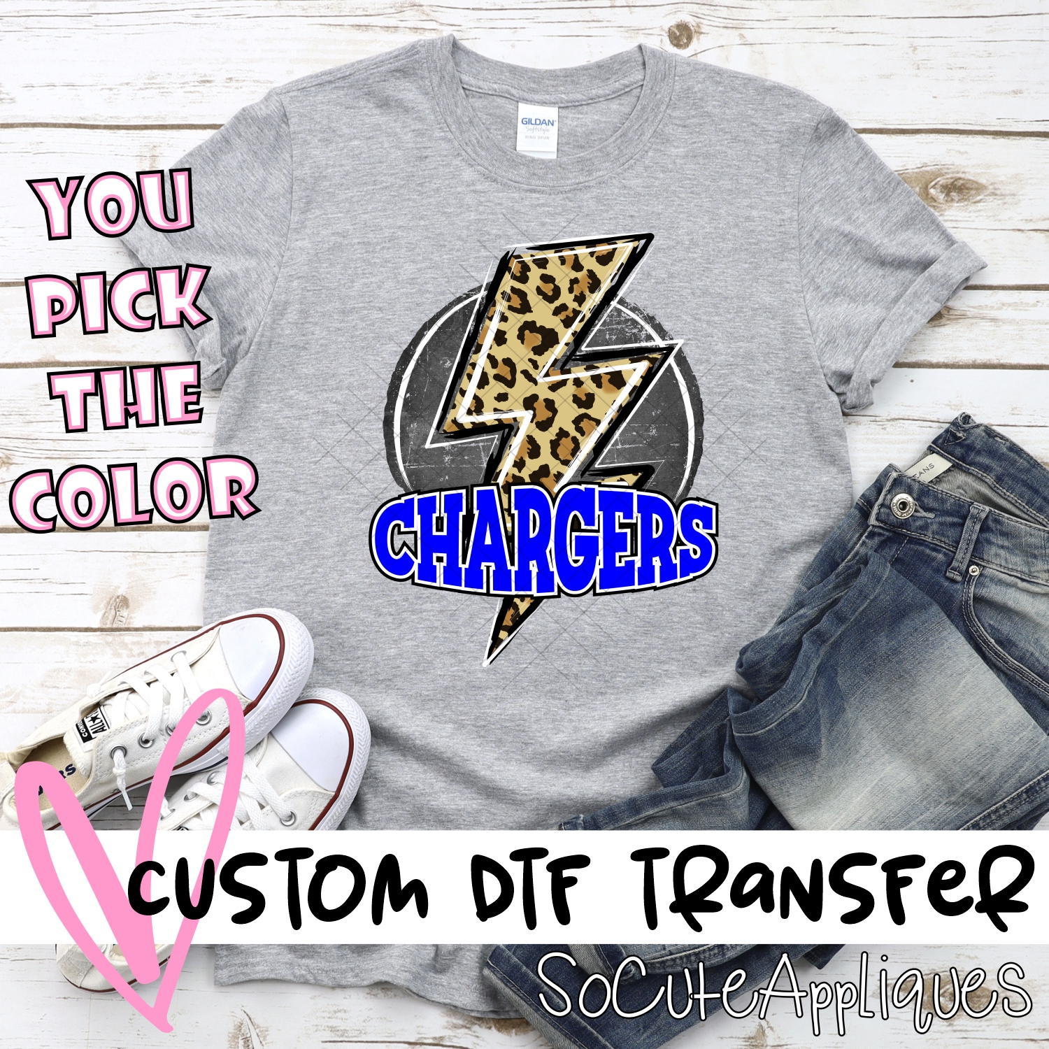 CUSTOM  Chargers Leopard lightning bolt on black circle *DTF Transfer