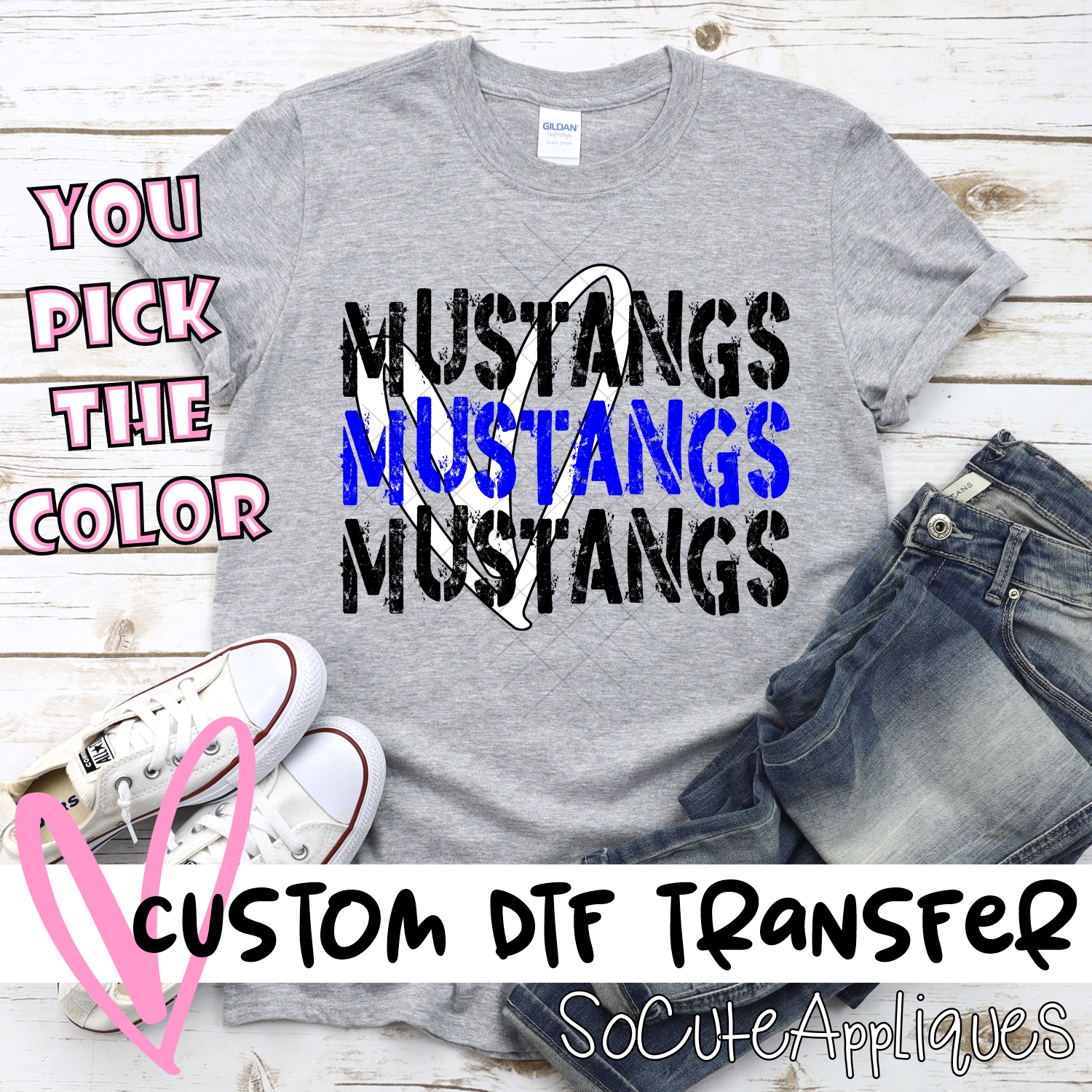CUSTOM Mustangs Stacked with heart *DTF* Transfer
