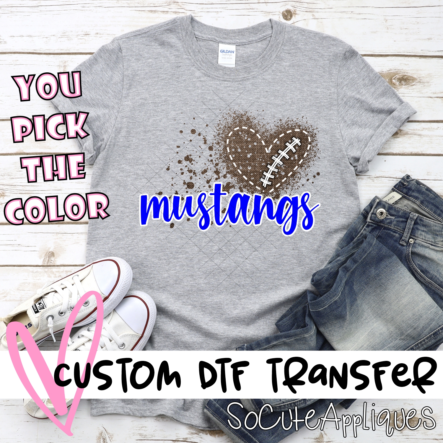 CUSTOM Mustangs football messy heart *DTF* Transfer
