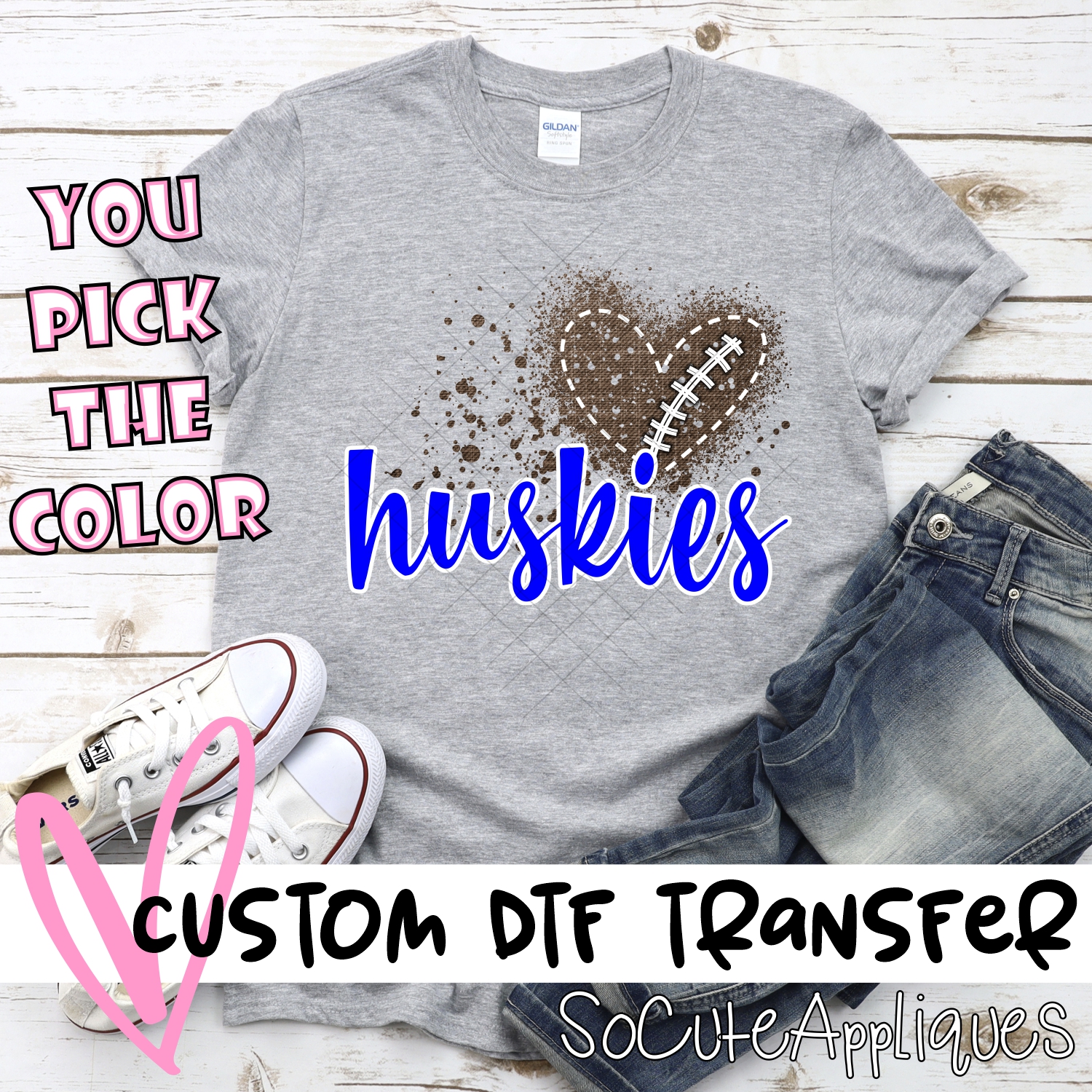 CUSTOM Huskies football messy heart *DTF* Transfer