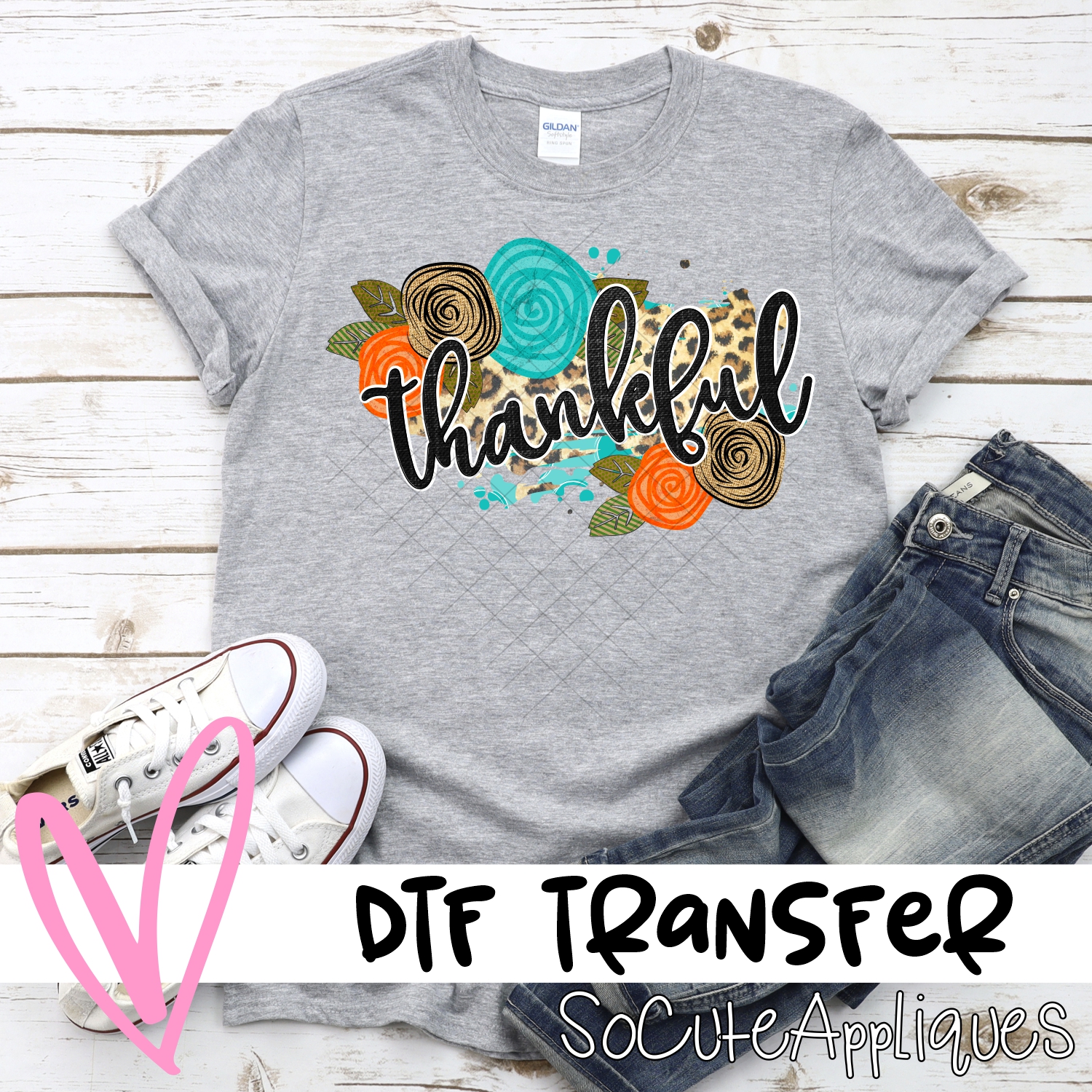 Thankful on leopard orange blue flowers *DTF* Transfer