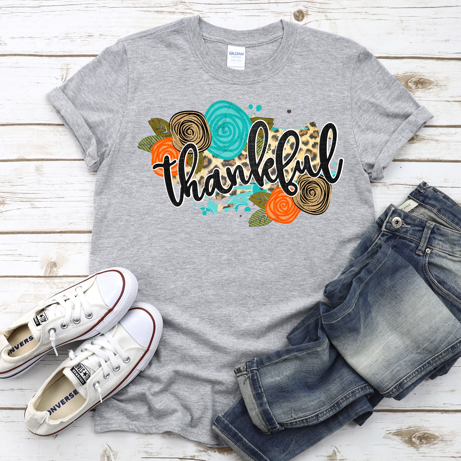 Thankful on leopard orange blue flowers *DTF* Transfer - Image 2