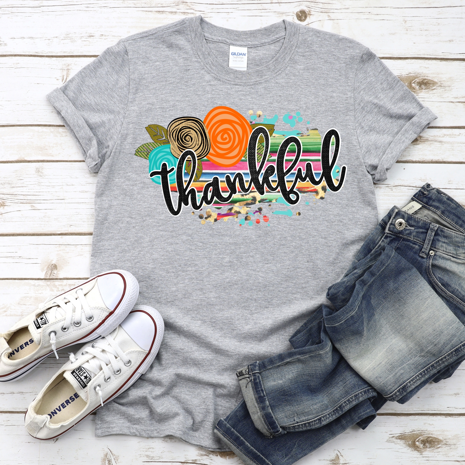 Thankful on serape orange flower *DTF* Transfer - Image 2