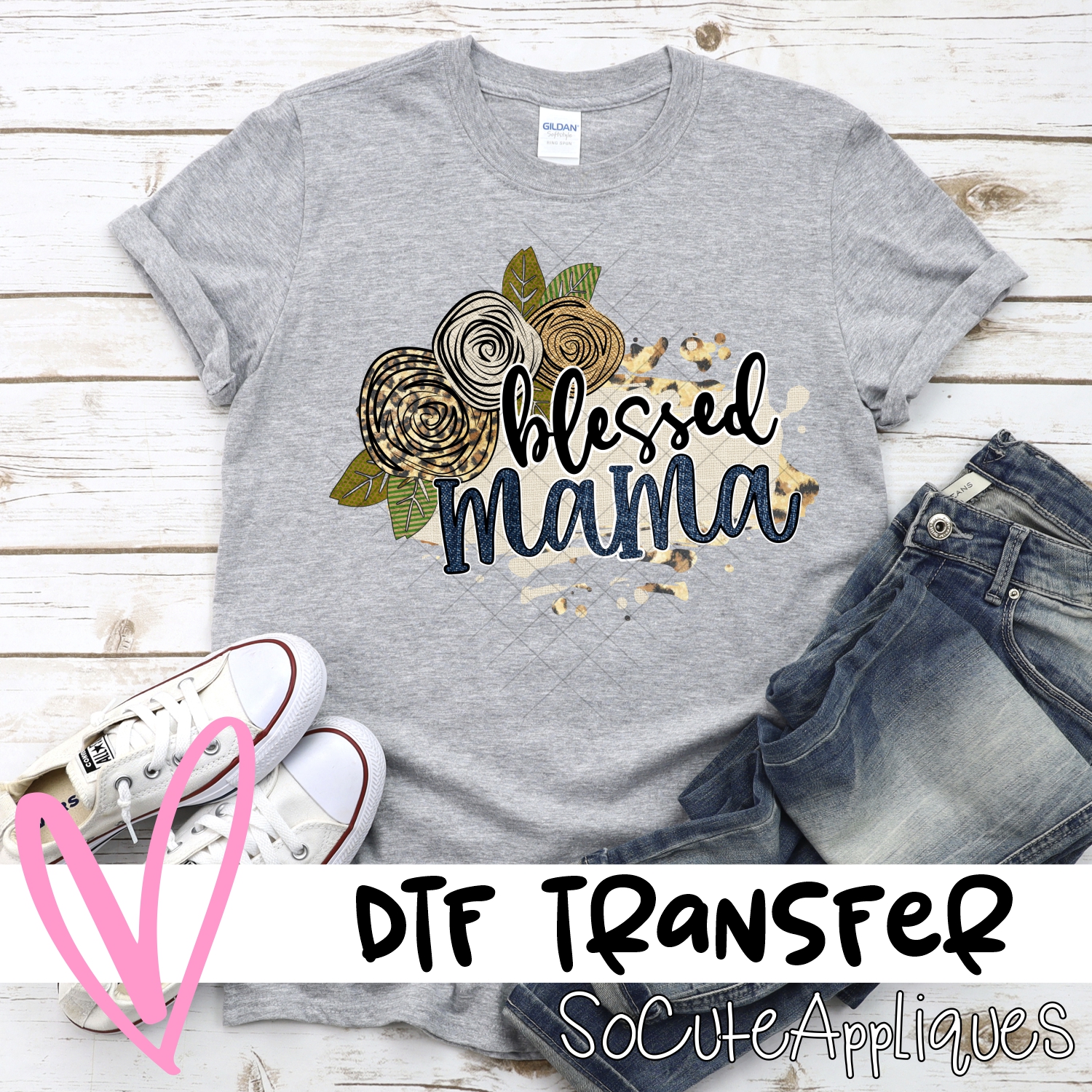 Blessed mama denim on linen *DTF* Transfer