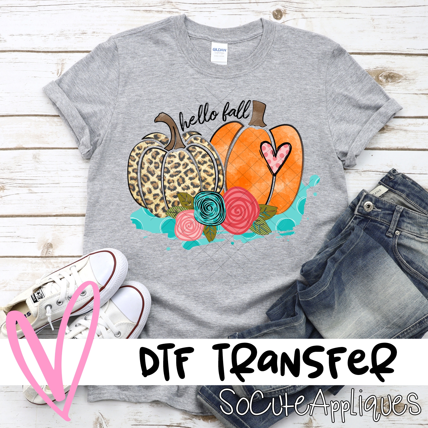 Hello fall double pumpkin on blue *DTF* Transfer