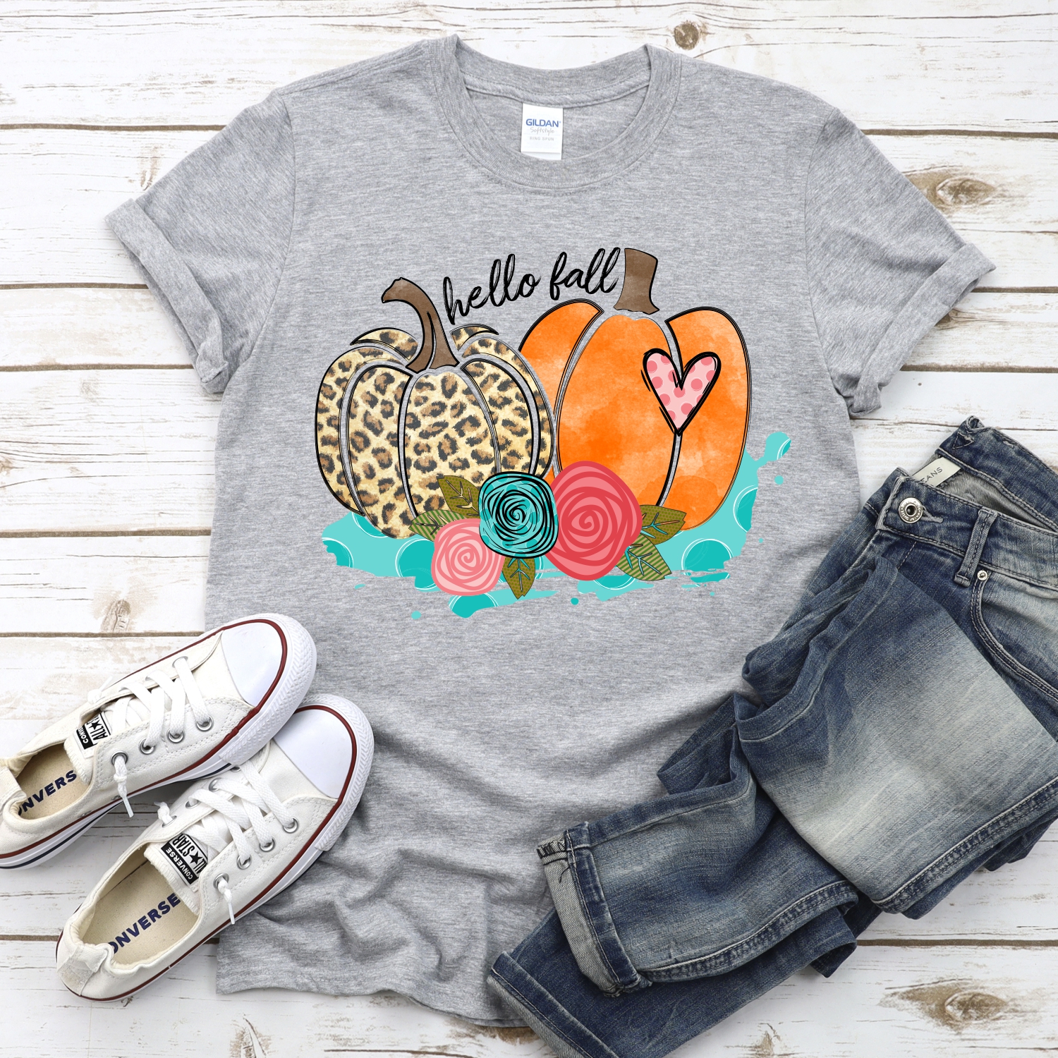 Hello fall double pumpkin on blue *DTF* Transfer - Image 2
