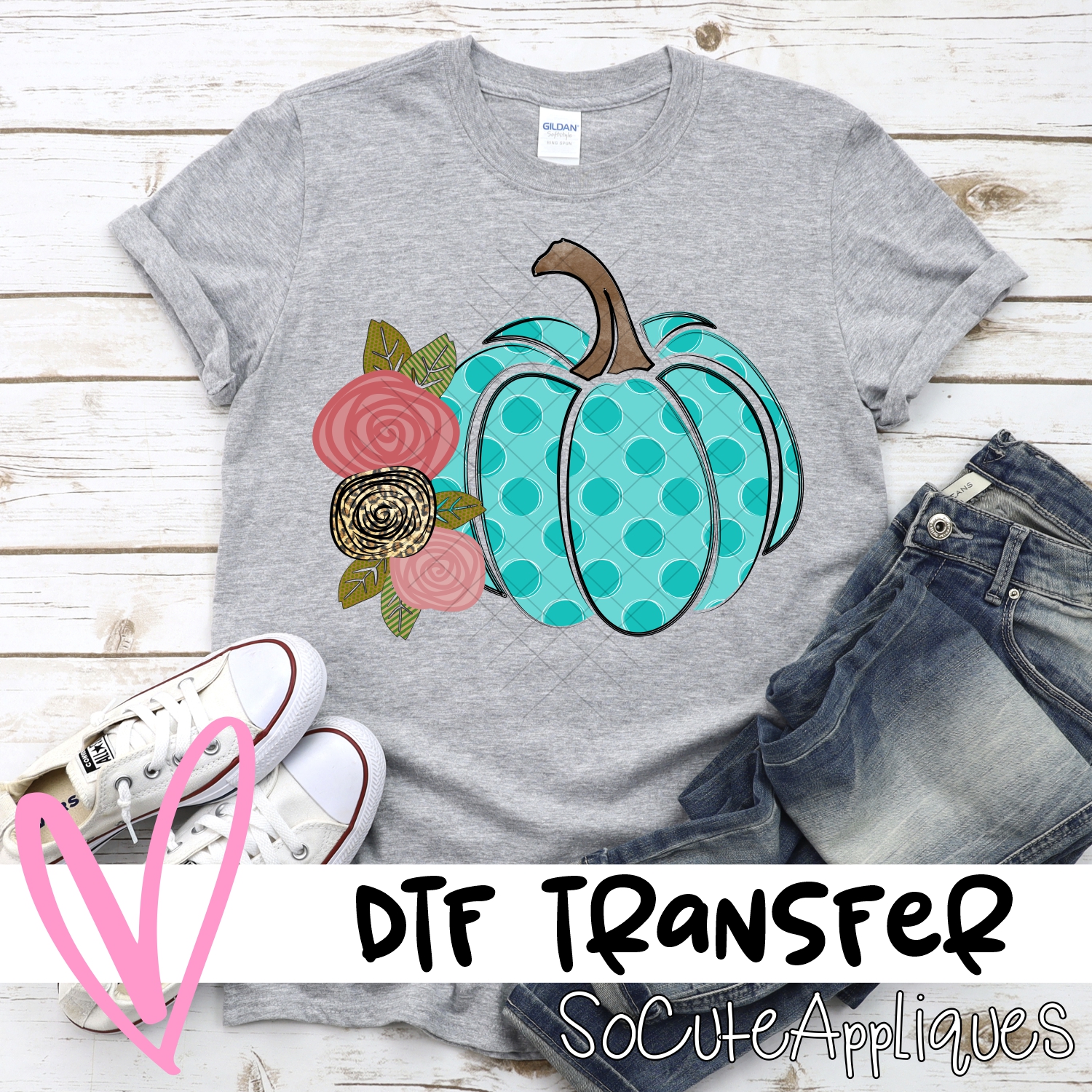 Turquoise polka dot pumpkin flowers *DTF* Transfer