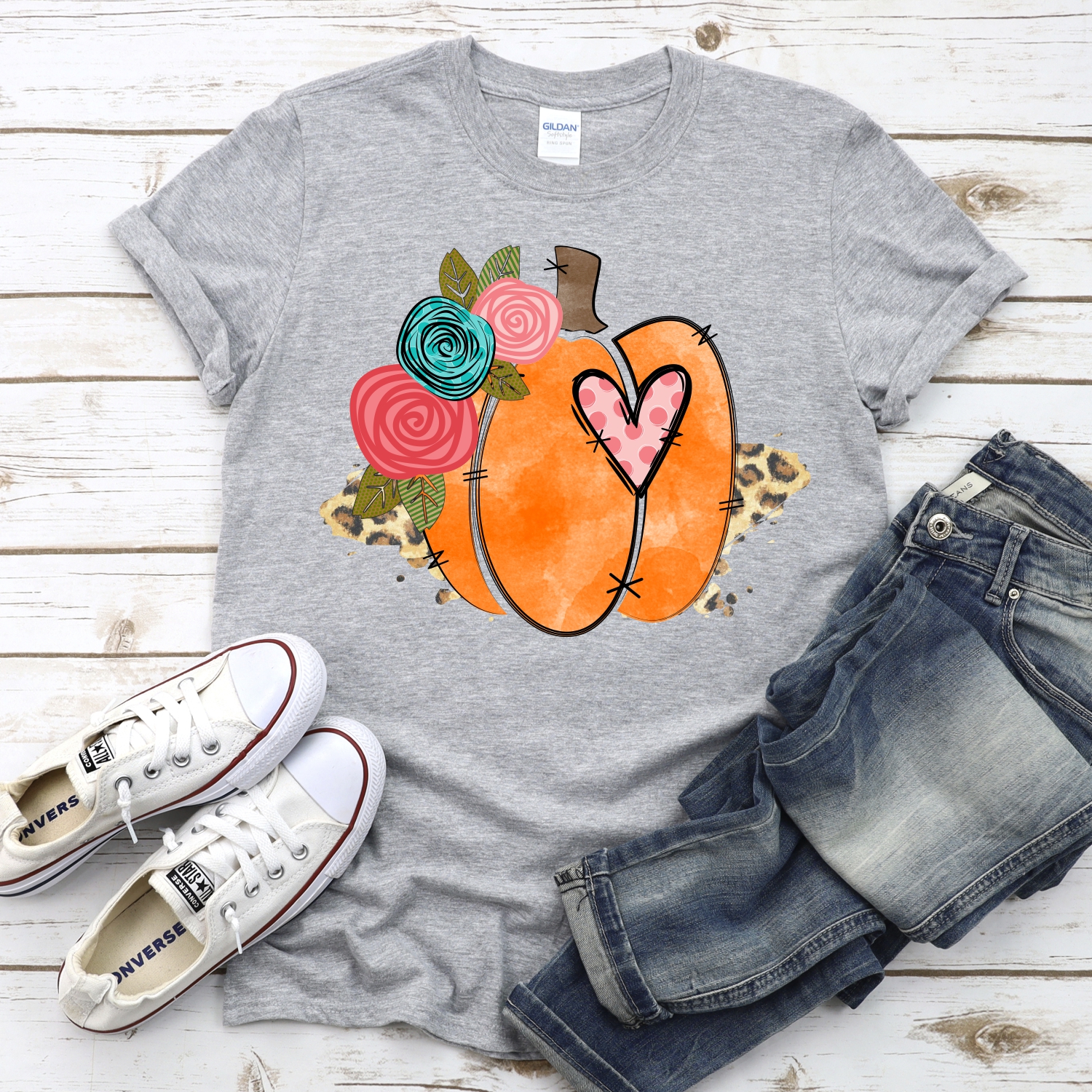 Orange pumpkin leopard with flowers *DTF* Transfer - Image 2