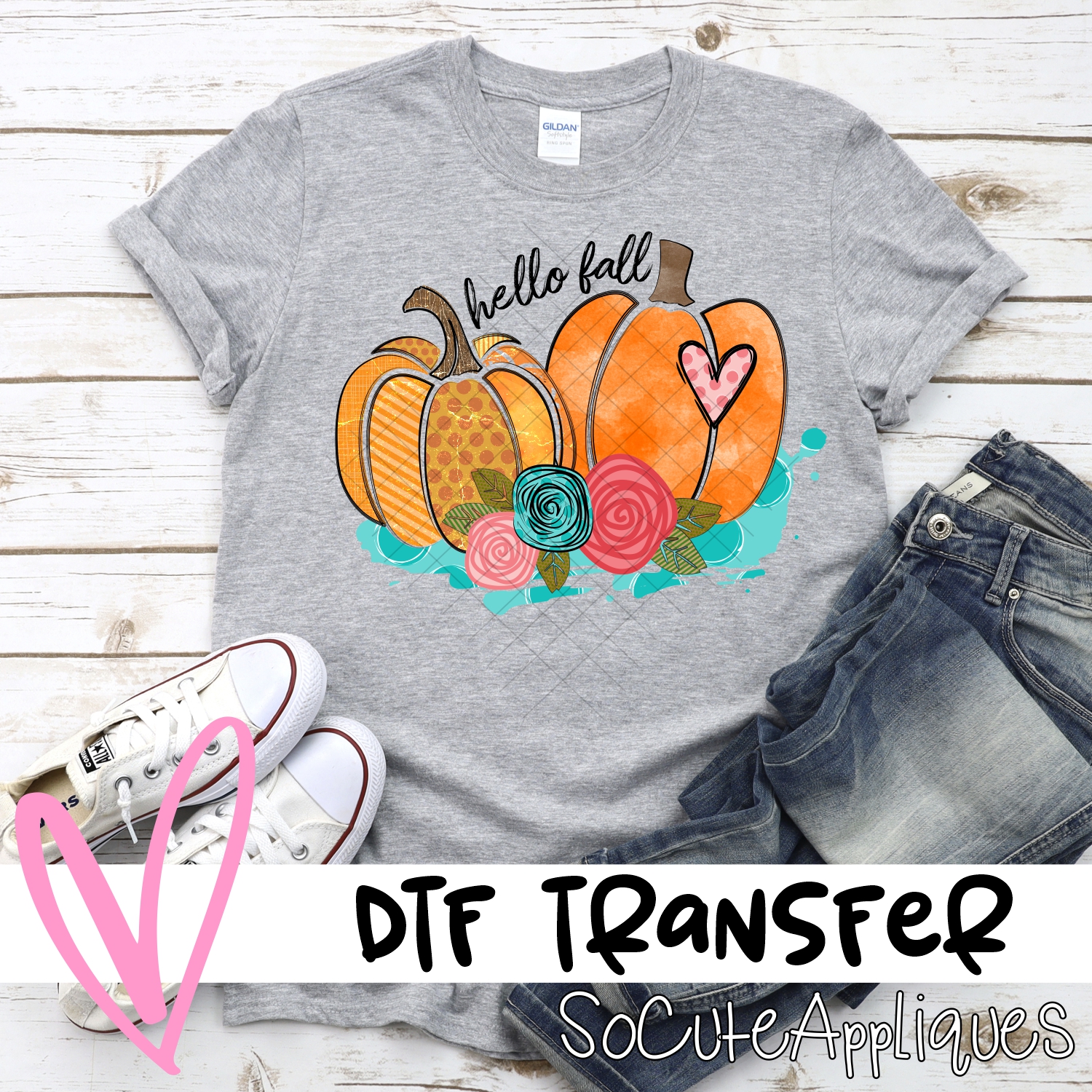 Double orange pumpkin on blue dots hello fall *DTF* Transfer