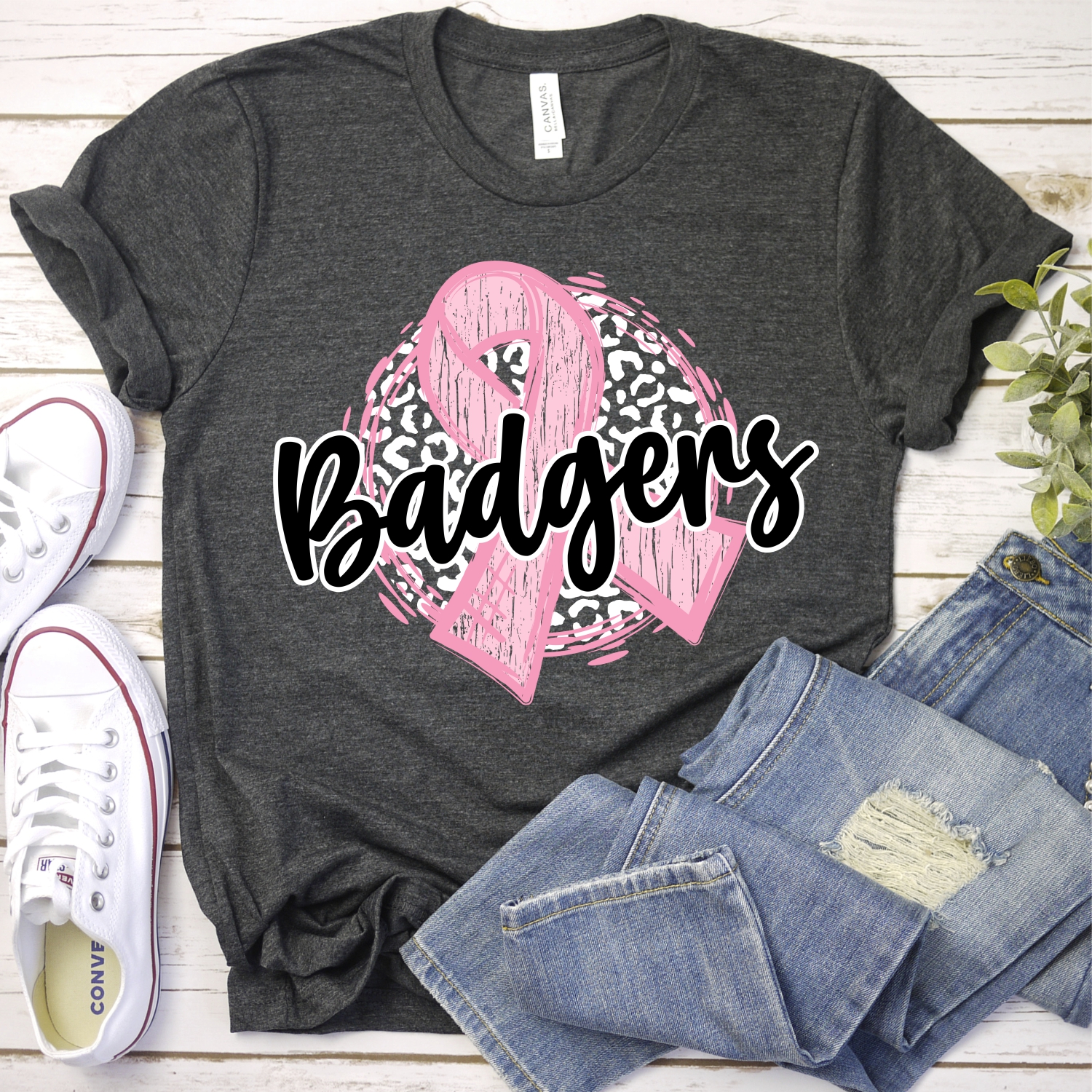 Badgers pink ribbon on white leopard *DTF* Transfers - Image 2