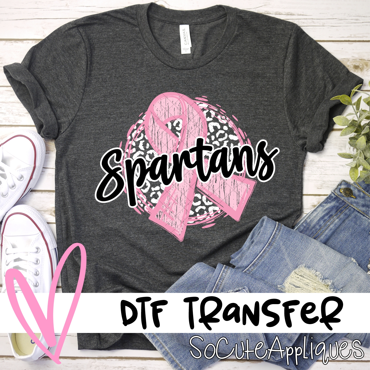 Spartans pink ribbon on white leopard *DTF* Transfers