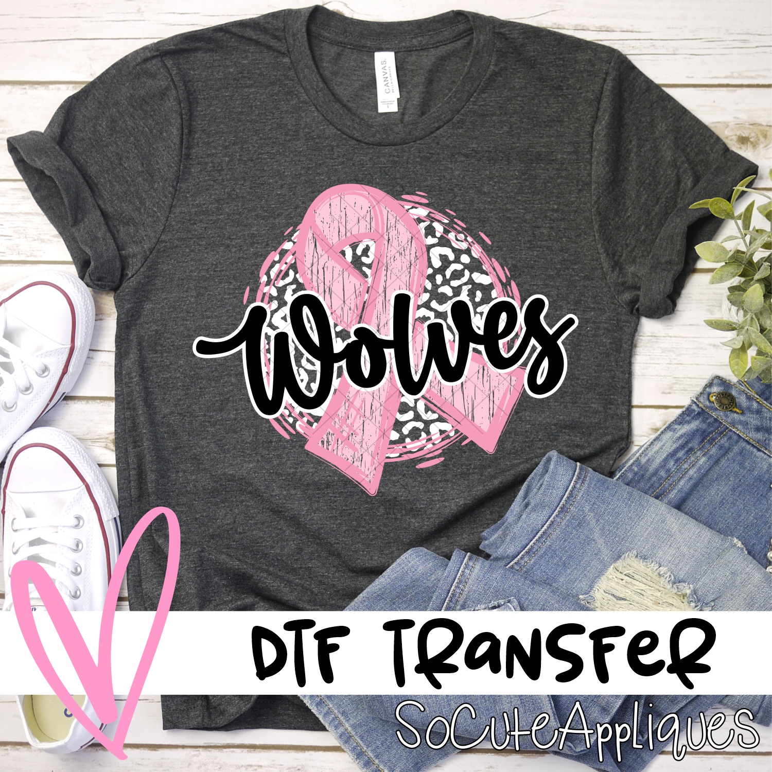 Wolves pink ribbon on white leopard *DTF* Transfers