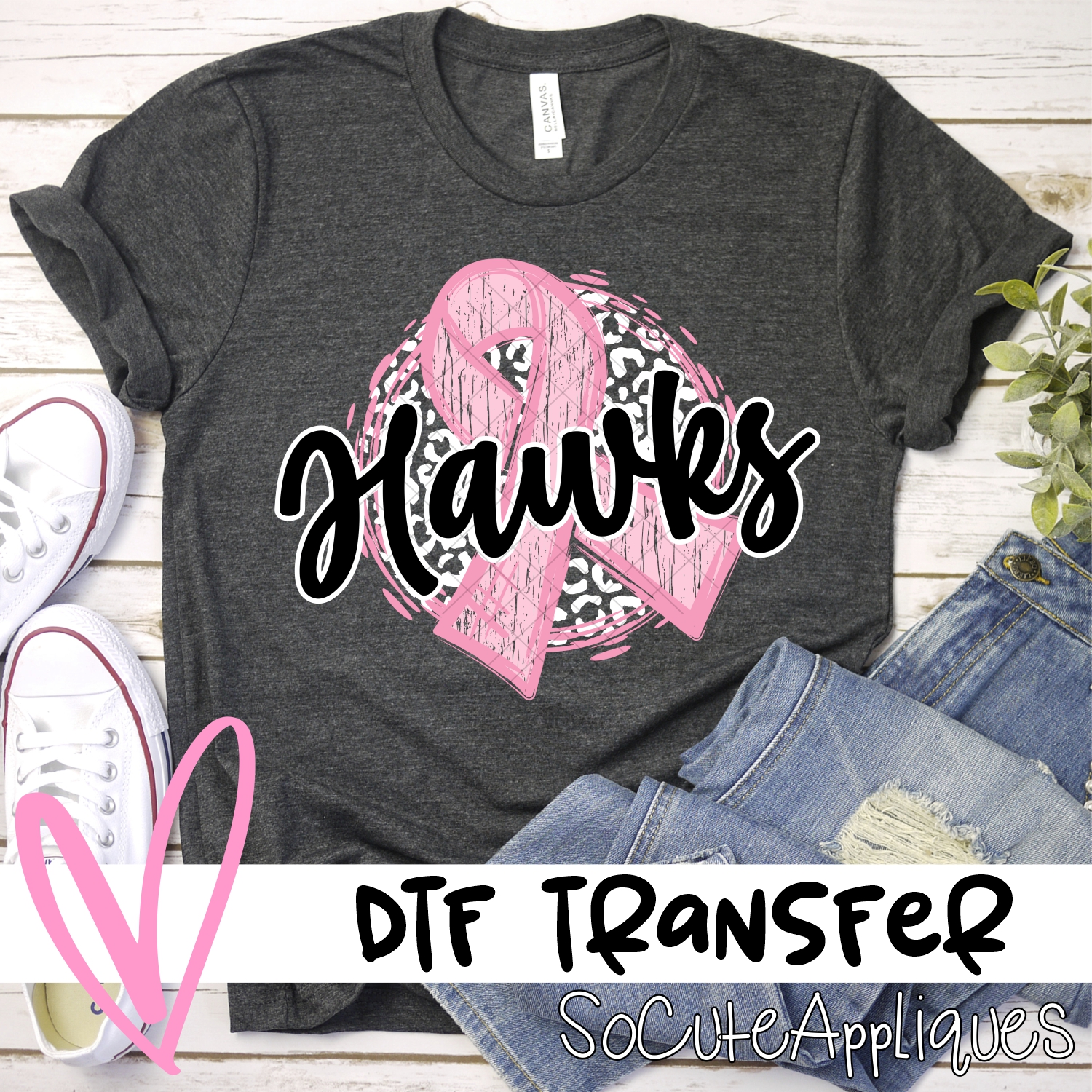 Hawks pink ribbon on white leopard *DTF* Transfers