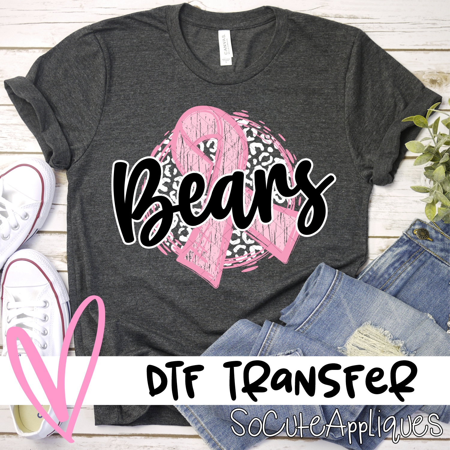 Bears pink ribbon on white leopard *DTF* Transfers
