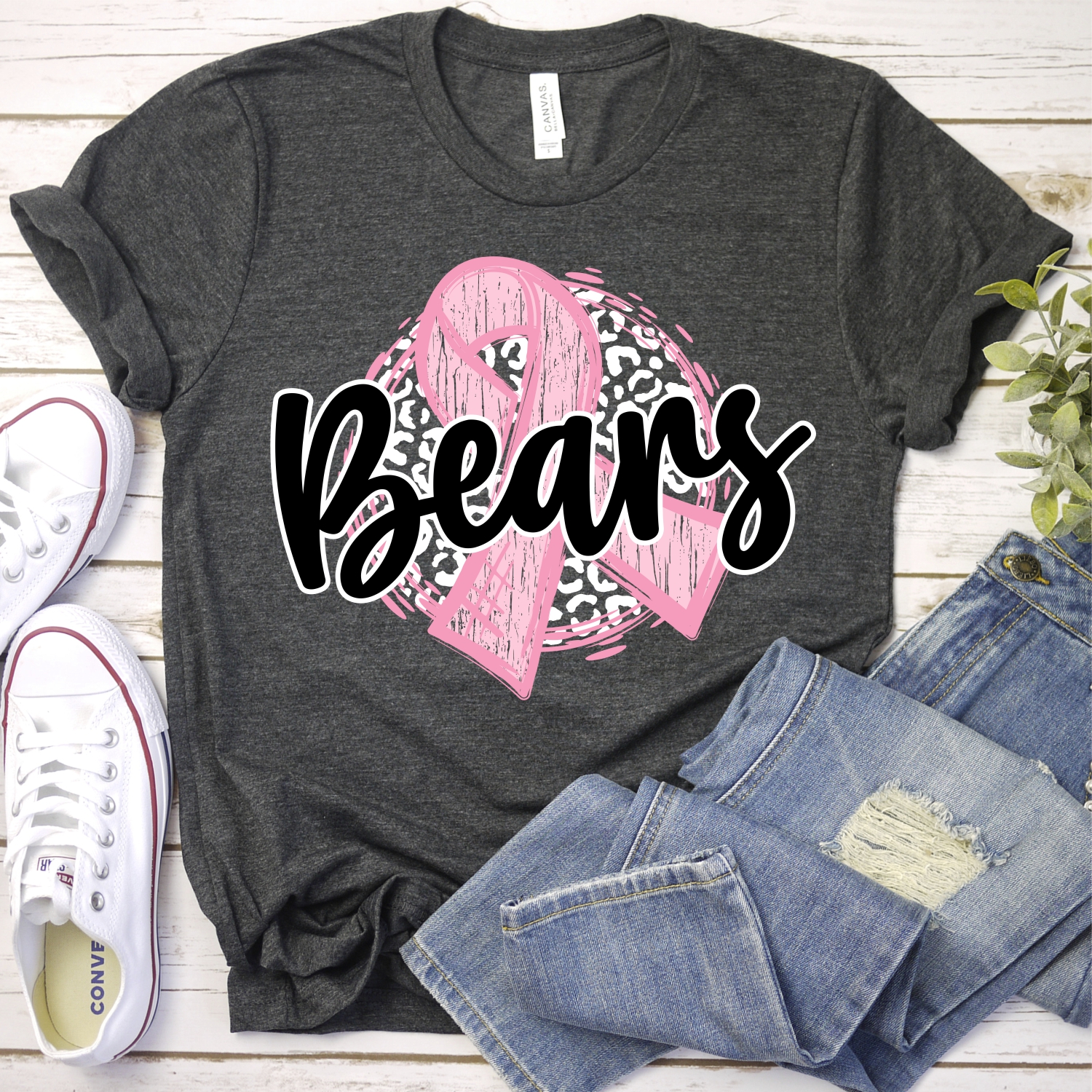 Bears pink ribbon on white leopard *DTF* Transfers - Image 2