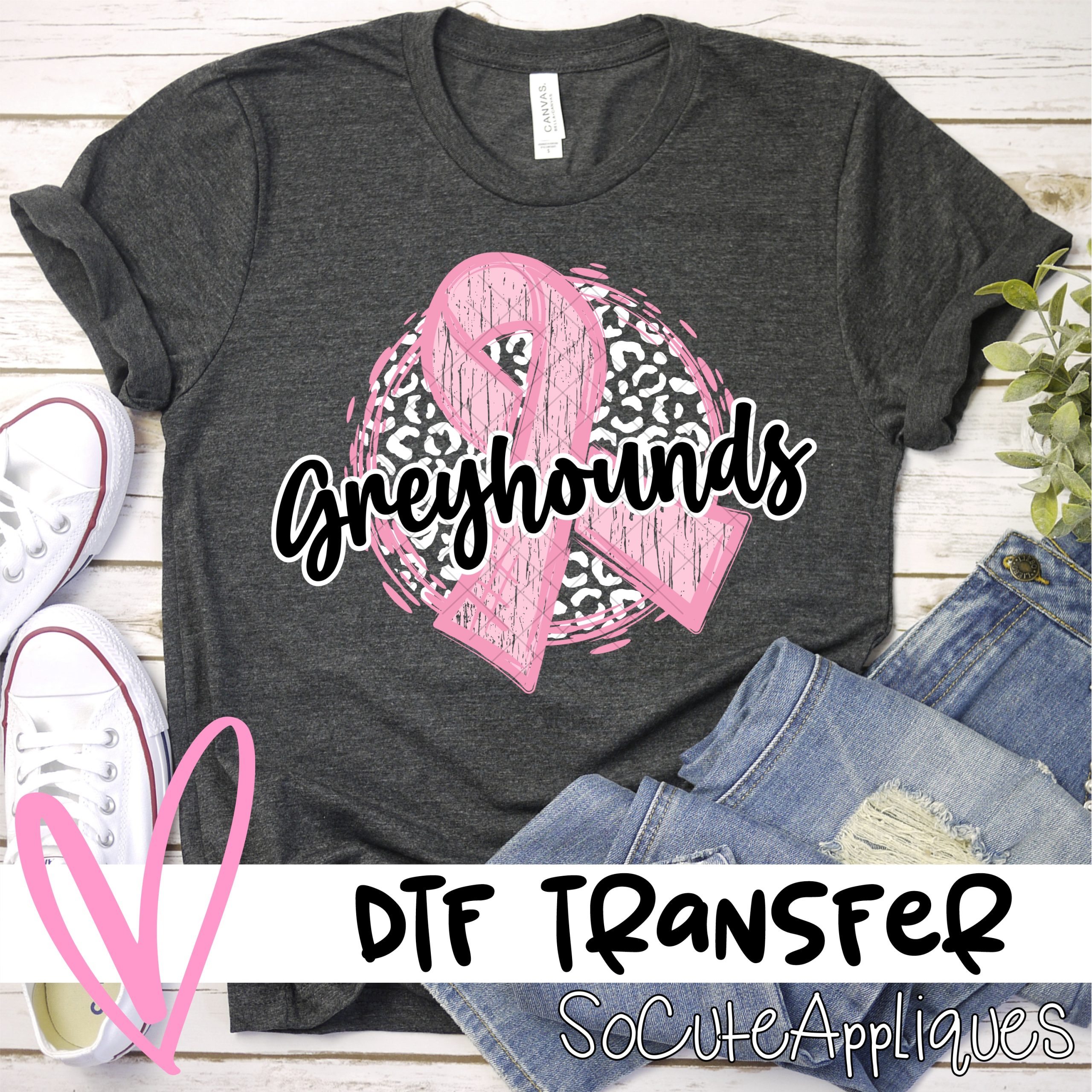 Greyhounds pink ribbon on white leopard *DTF* Transfers