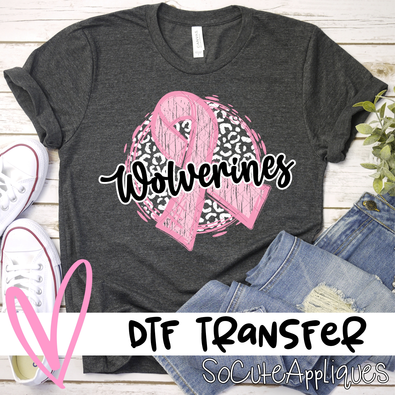 Wolverines pink ribbon on white leopard *DTF* Transfers
