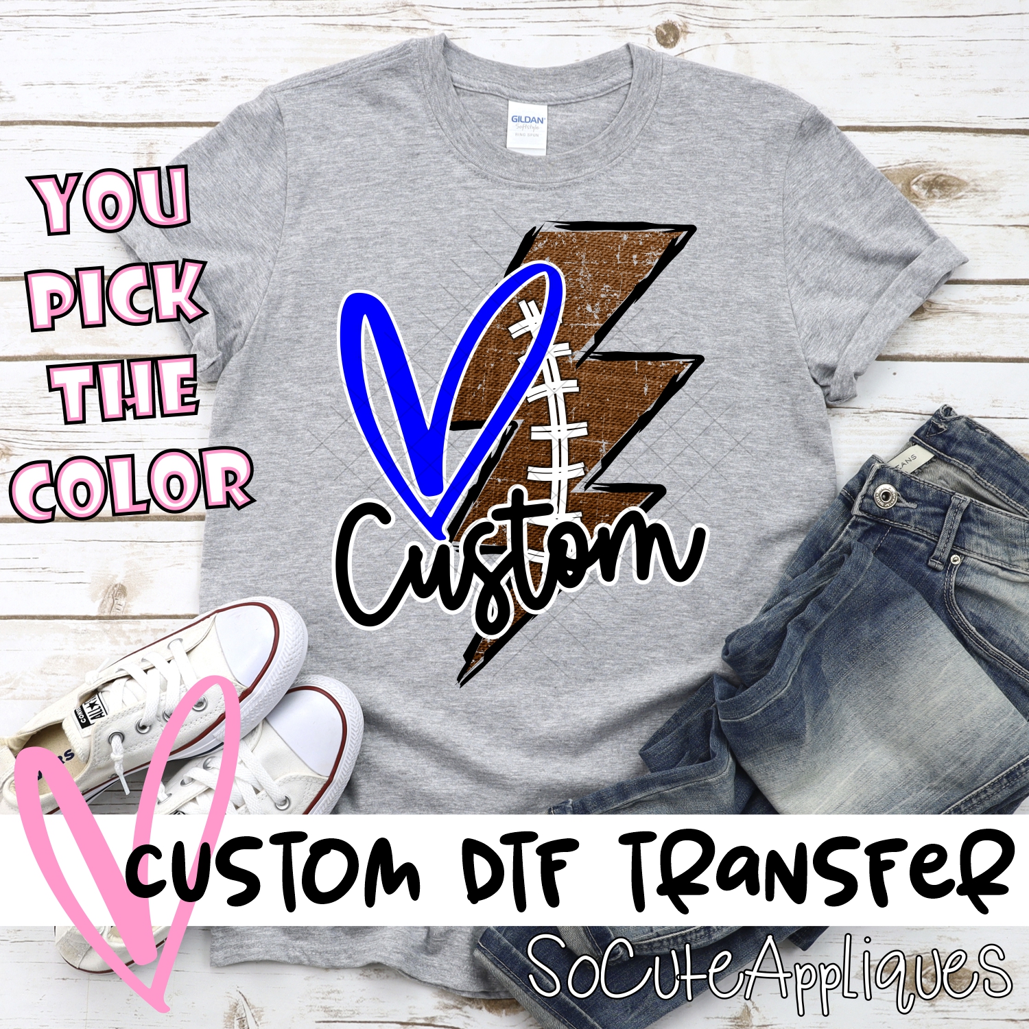 *CUSTOM NAME* Football Lightning bolt with heart MASCOT *DTF* Transfer  -SEEME