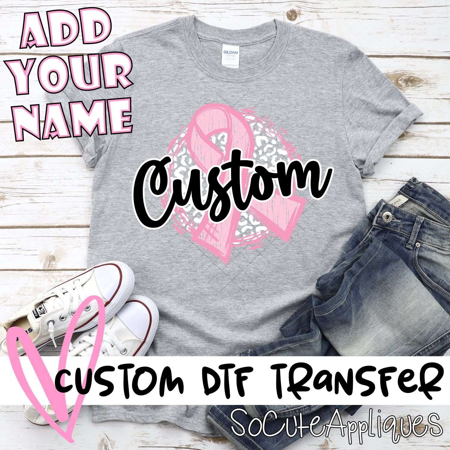 *CUSTOM NAME* PINK ribbon on leopard MASCOT *DTF* Transfer  -SEEME