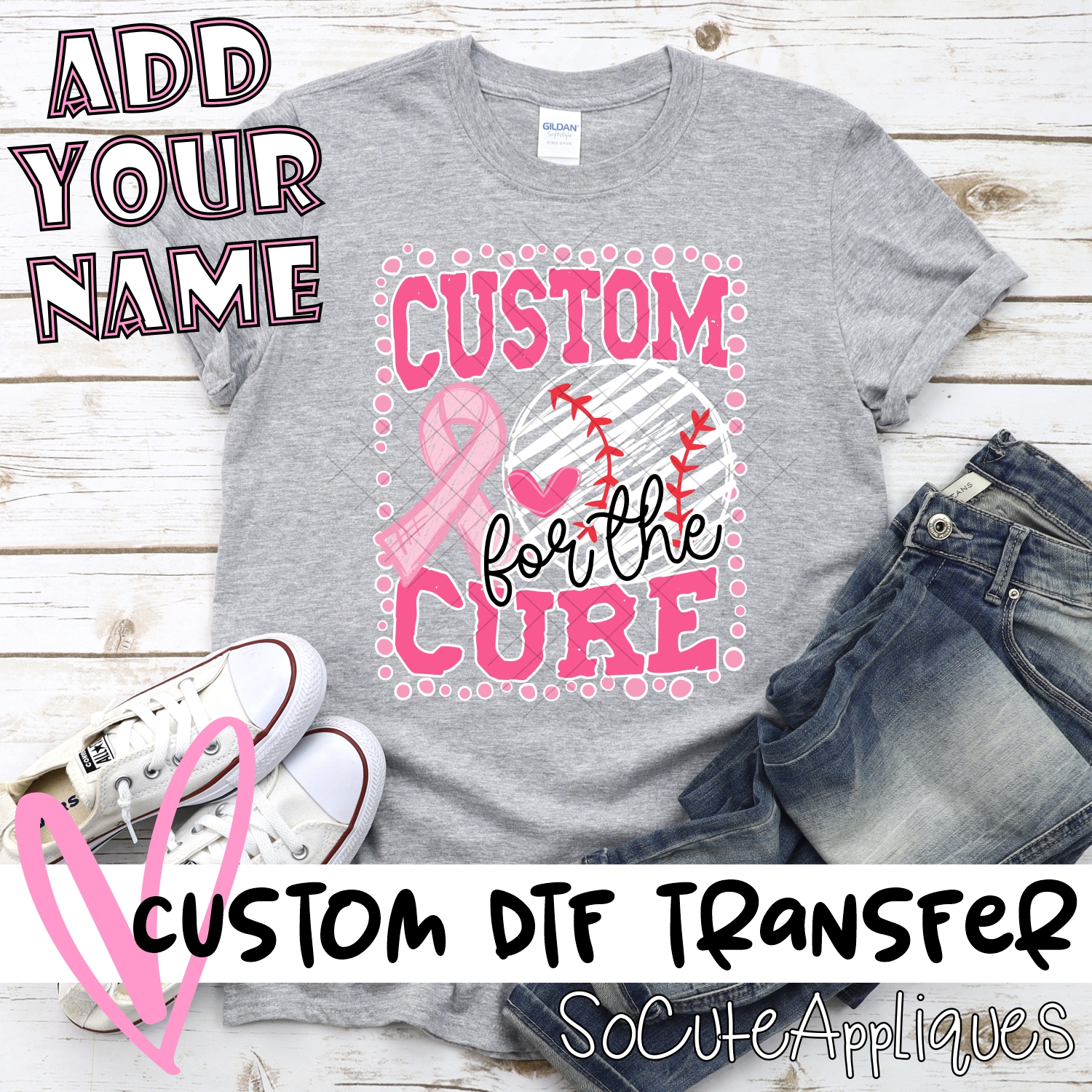 *CUSTOM NAME* PINK Team for a cure BASEBALL on dot frame *DTF* Transfer  -SEEME