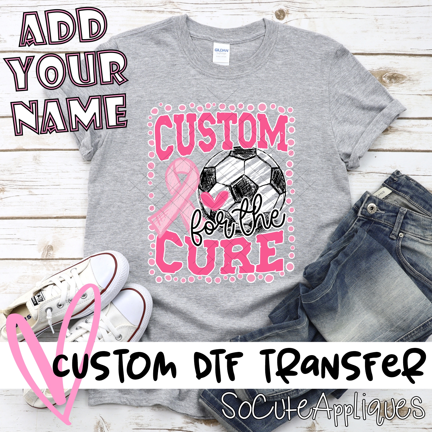 *CUSTOM NAME* PINK Team for a cure SOCCER on dot frame *DTF* Transfer  -SEEME