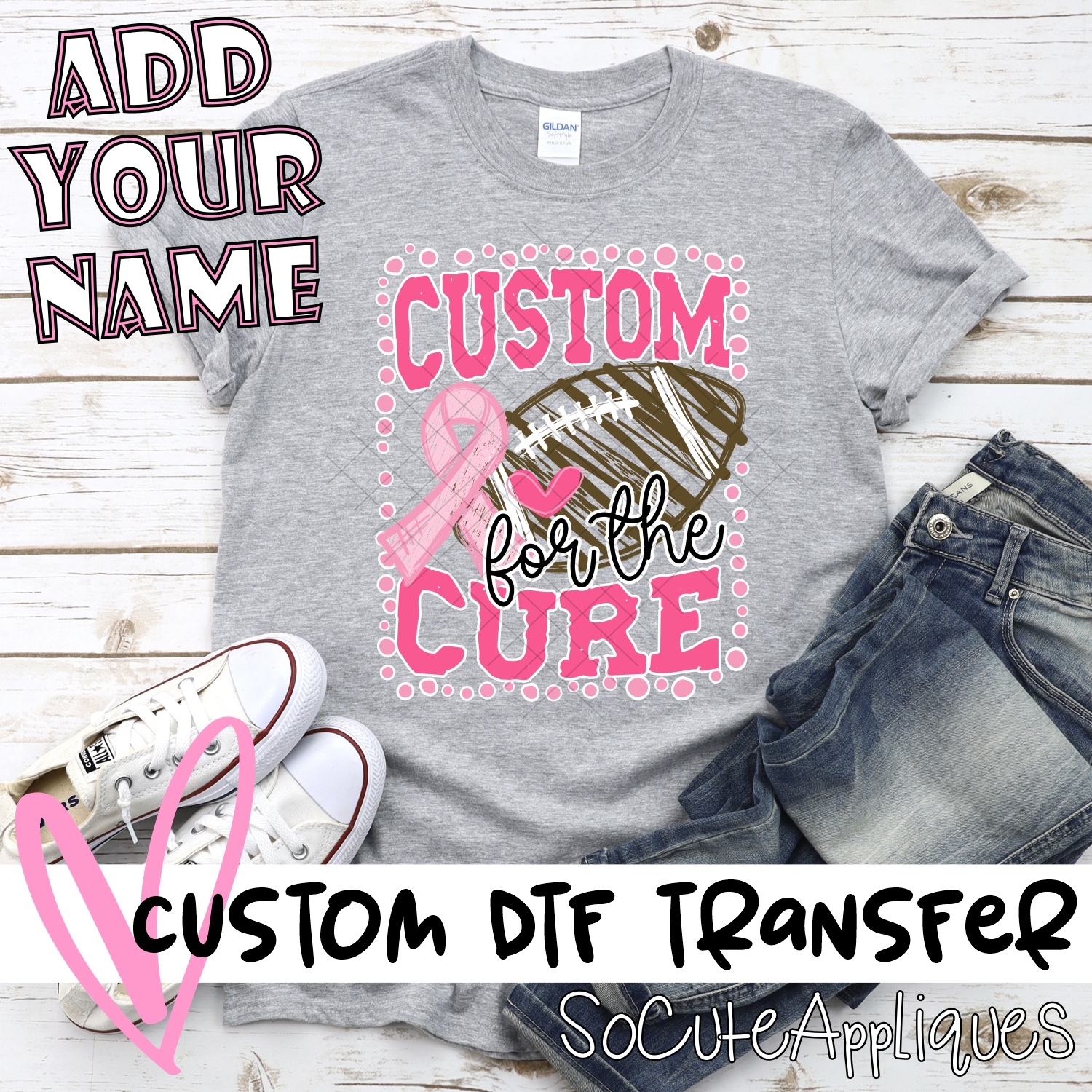 *CUSTOM NAME* PINK Team for a cure FOOTBALL on dot frame *DTF* Transfer  -SEEME