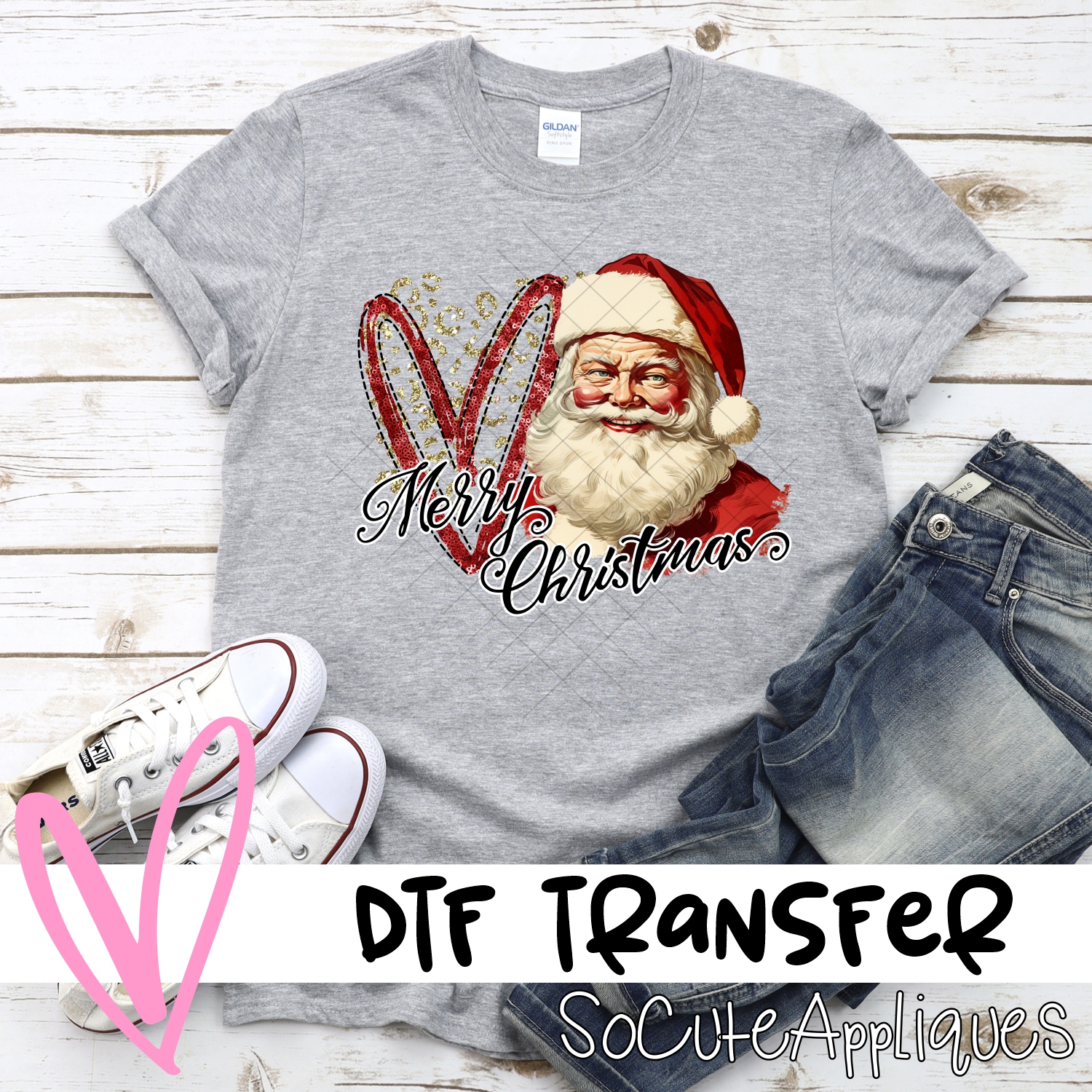 Merry Christmas red heart Santa on leopard *DTF* Transfer
