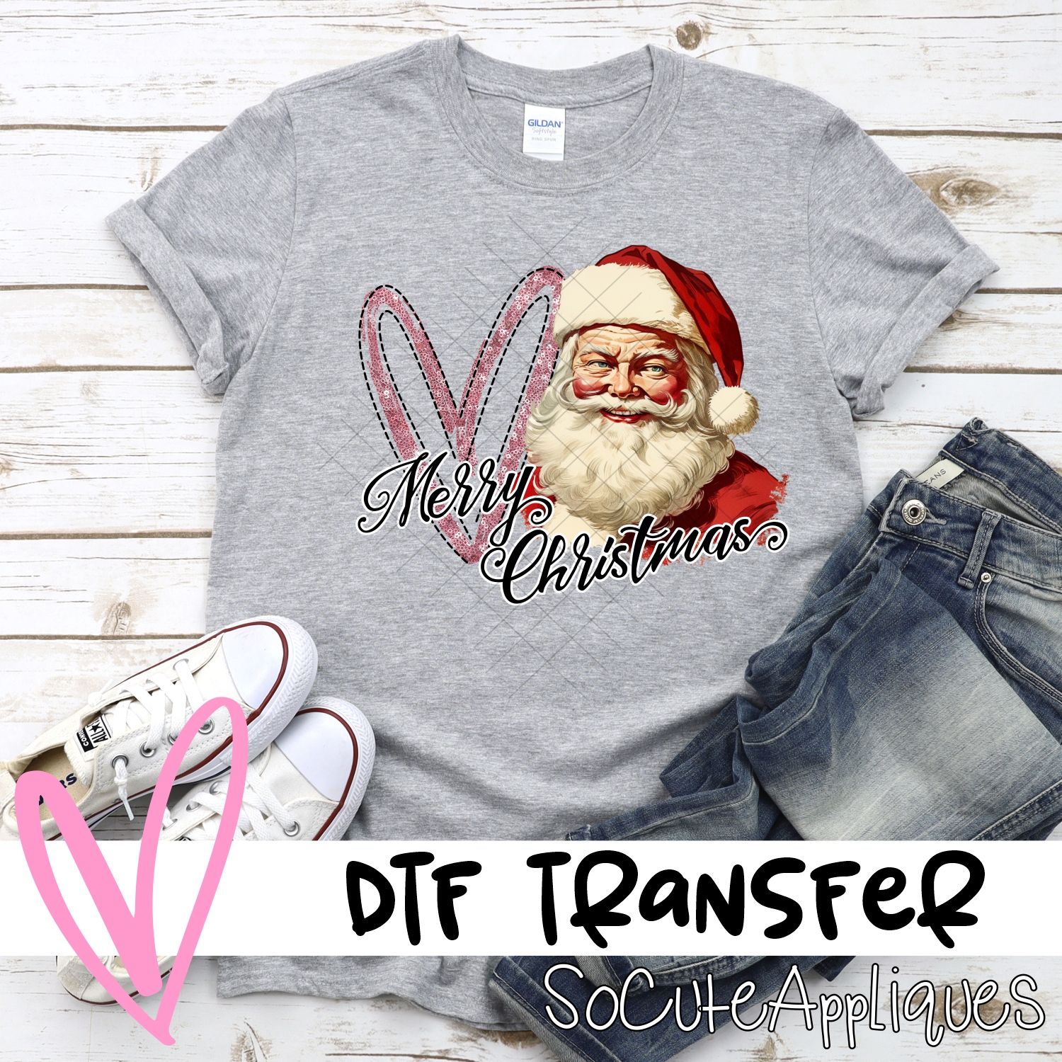 Merry Christmas pink heart Santa *DTF* Transfer