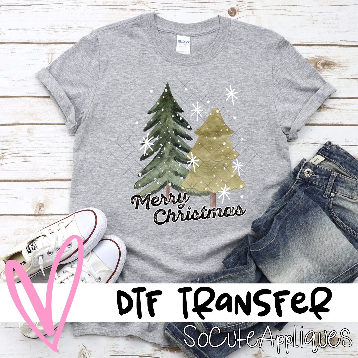 Merry Christmas double tree no heart black words *DTF* Transfer