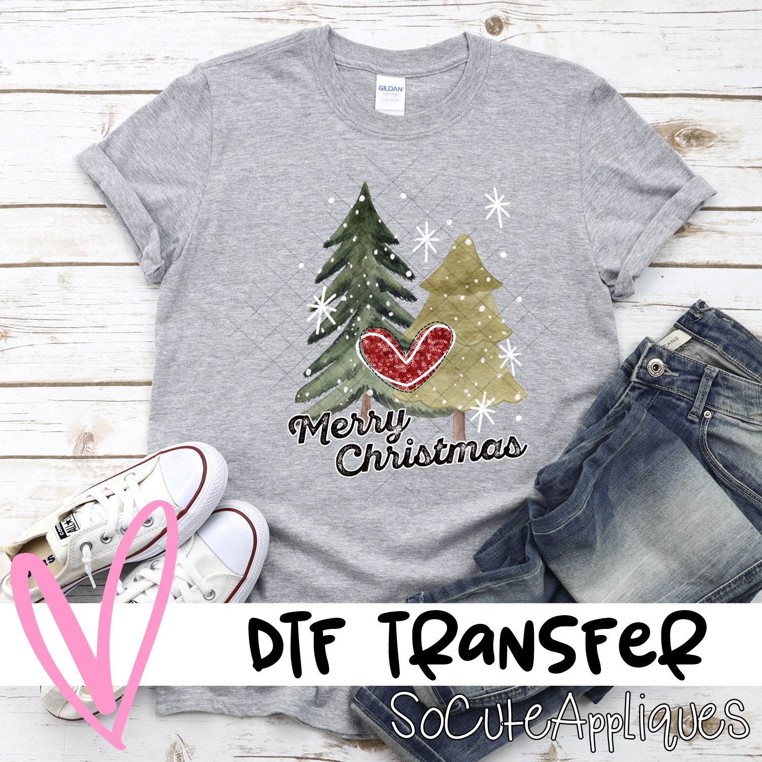 Merry Christmas double tree no heart black words red heart *DTF* Transfer