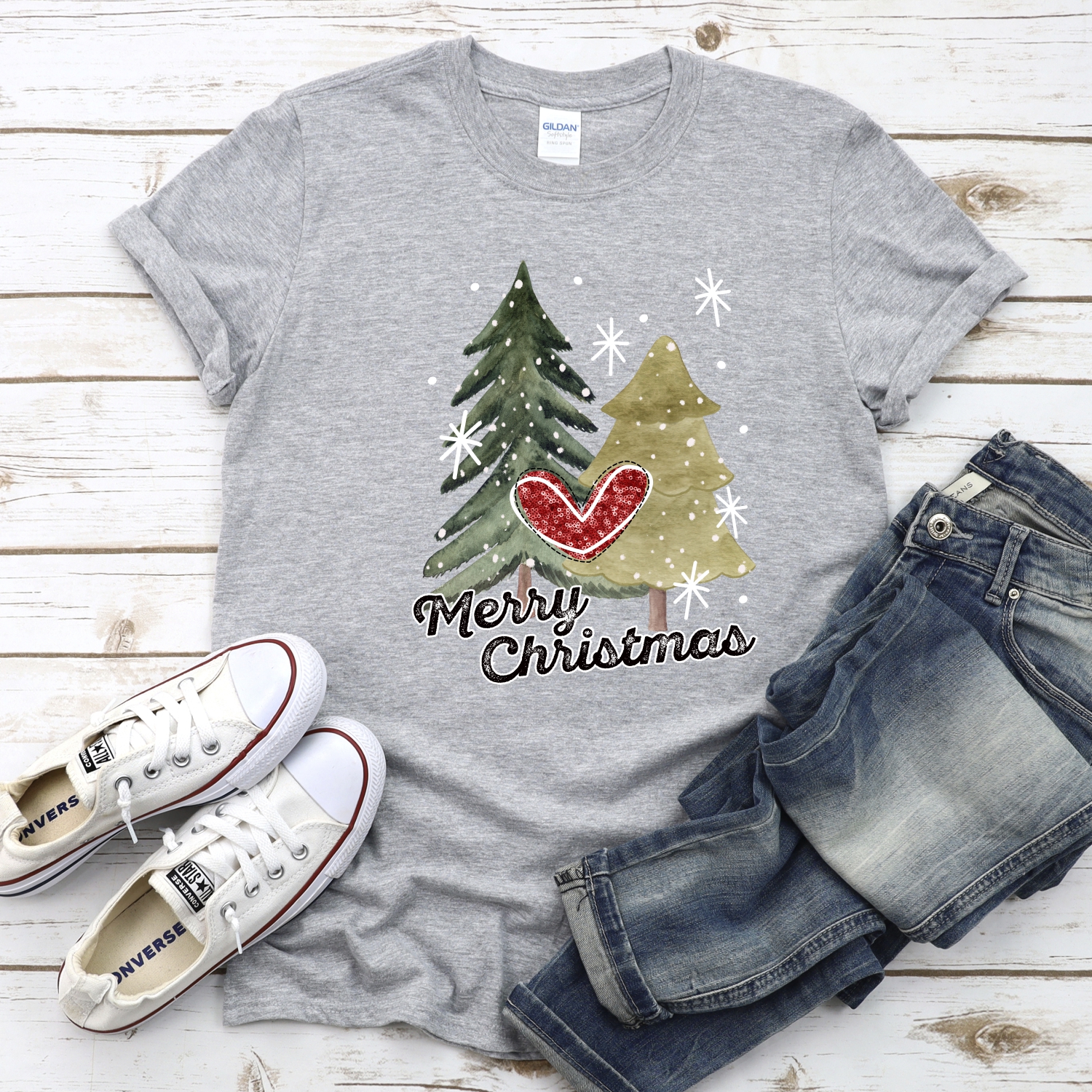 Merry Christmas double tree no heart black words red heart *DTF* Transfer - Image 2