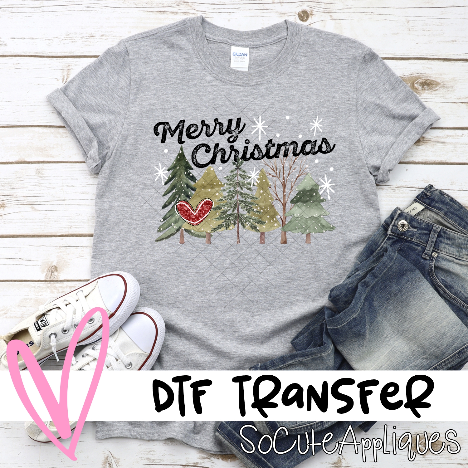 Merry Christmas multi tree black words red heart *DTF* Transfer