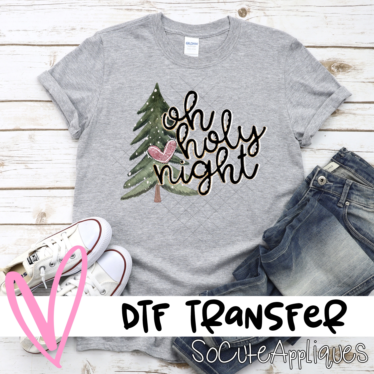 Oh holy night pink sequin heart *DTF* Transfer