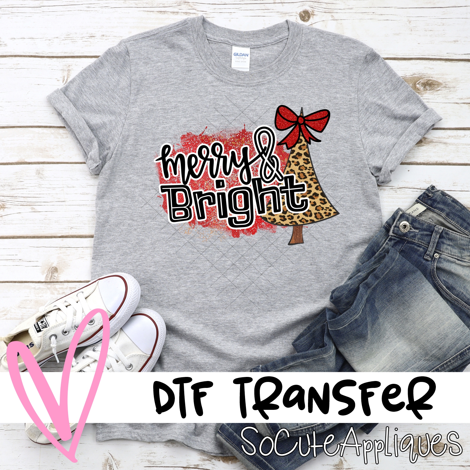 Merry and bright leopard tree on red *DTF* Transfer