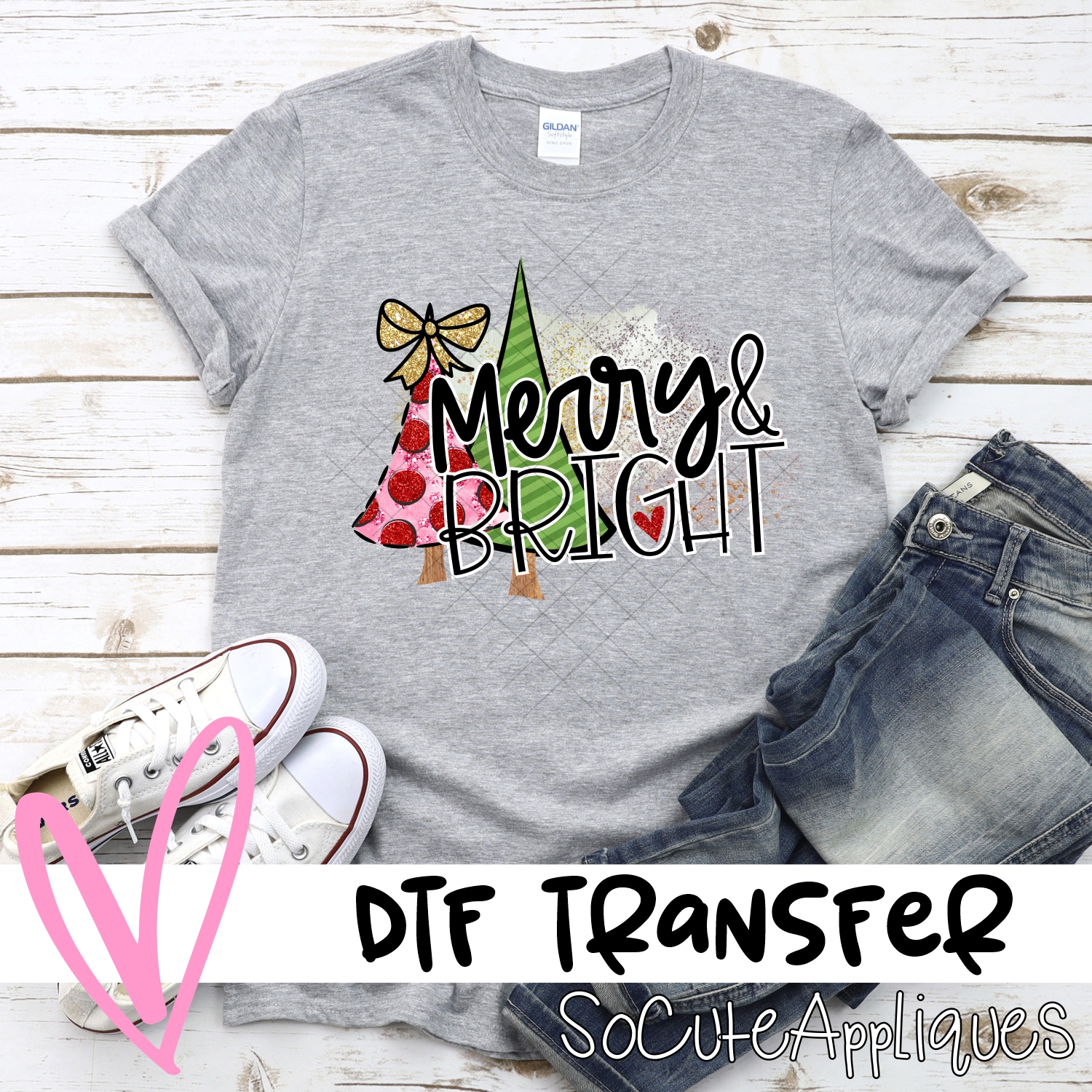 Merry and bright pink polka dot green tree *DTF* Transfer