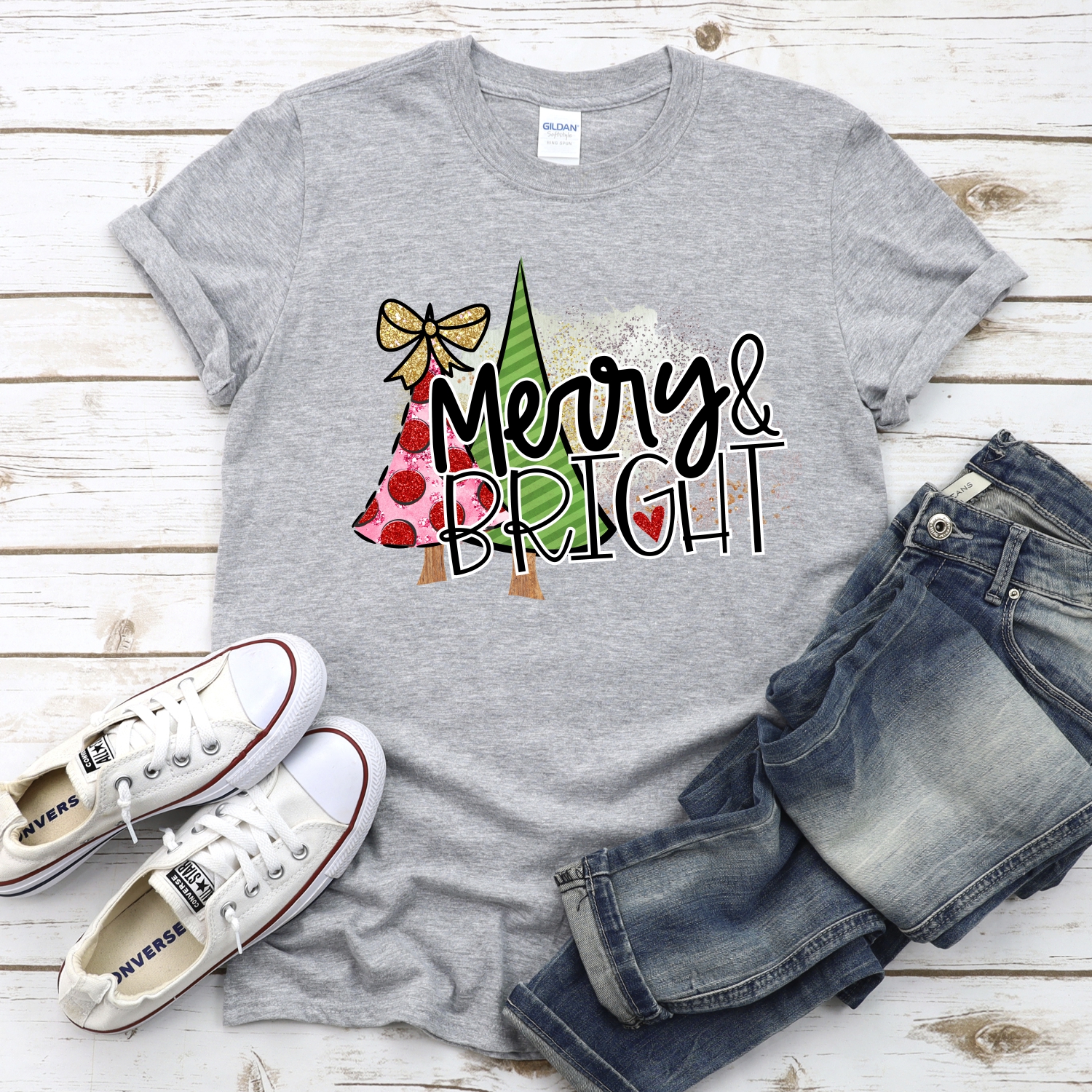 Merry and bright pink polka dot green tree *DTF* Transfer - Image 2