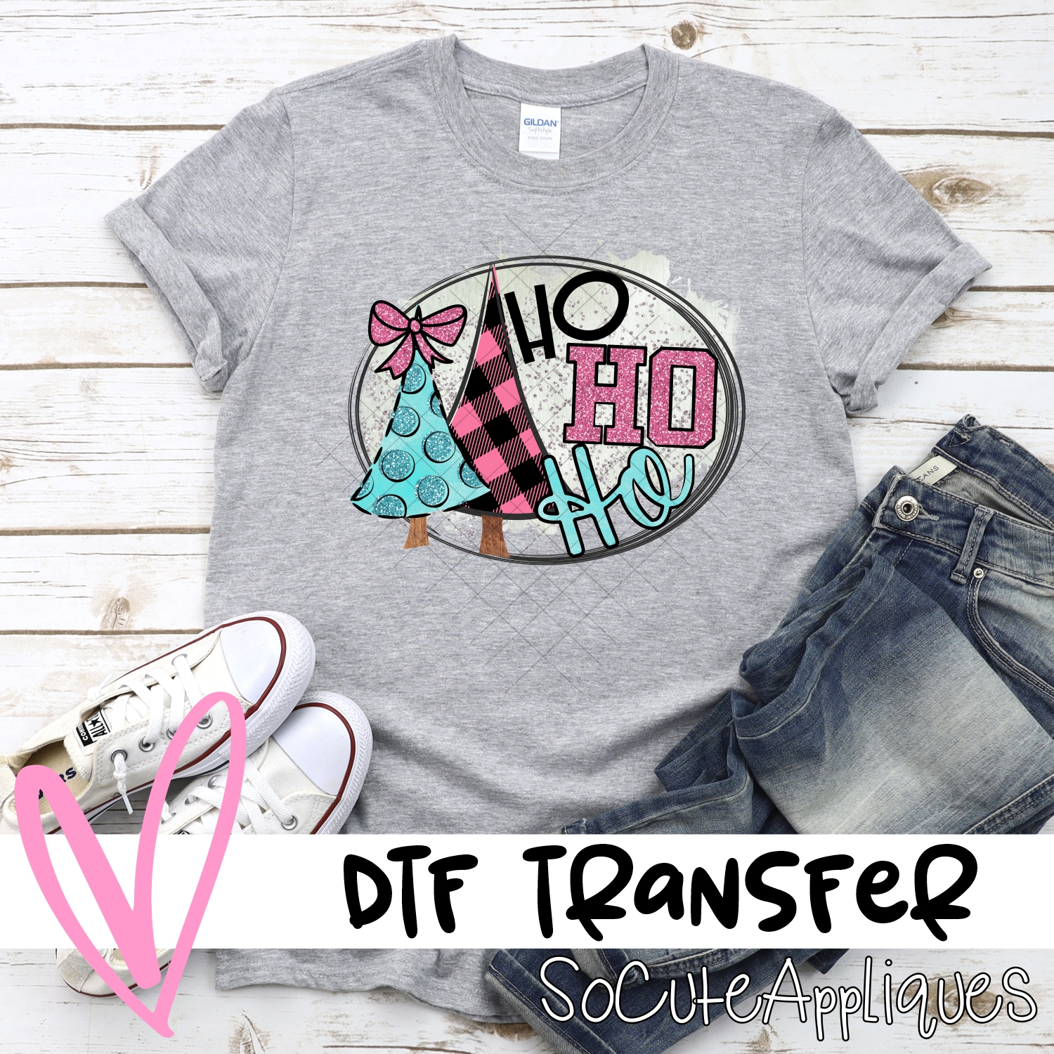 Ho ho ho circle Blue pink plaid *DTF* Transfer