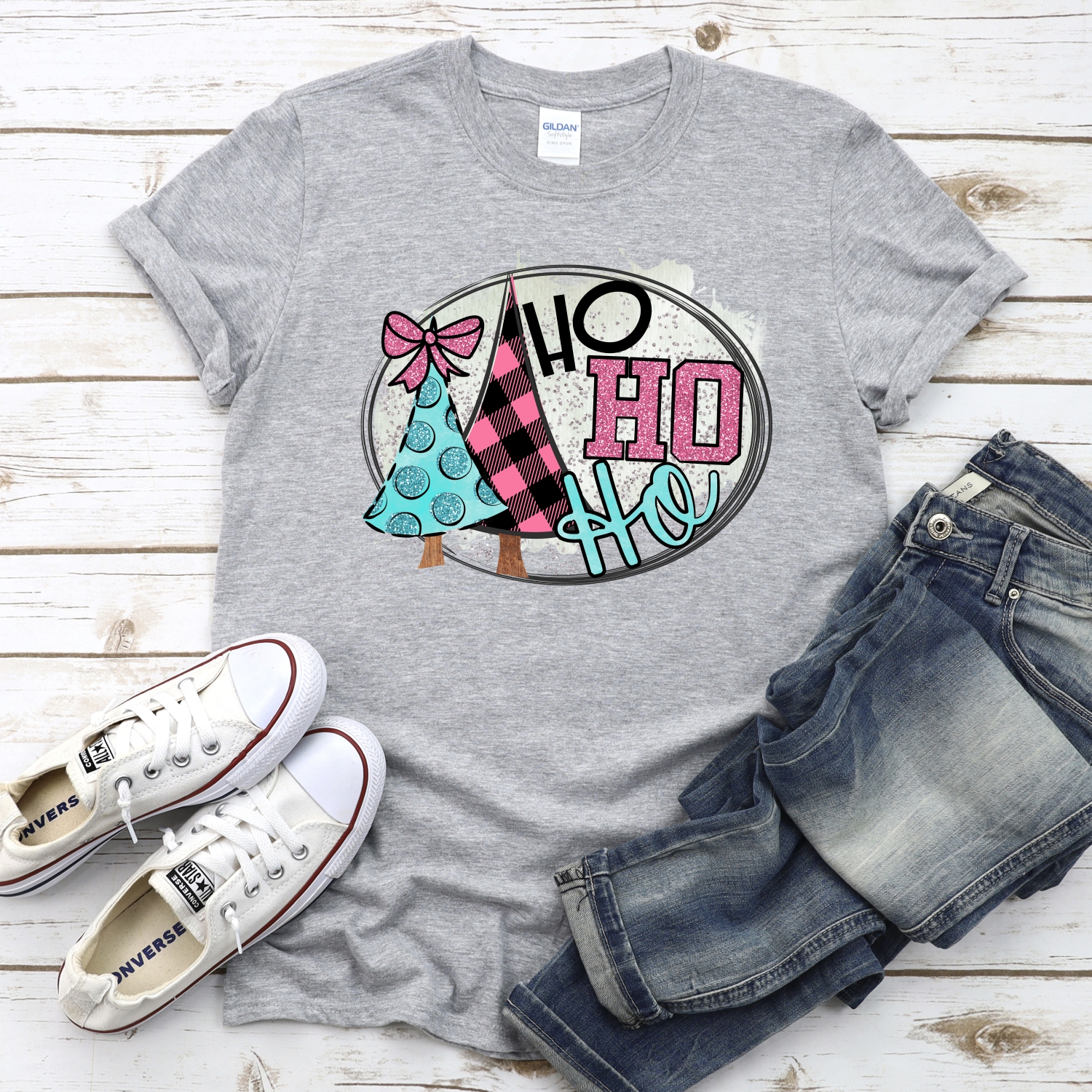 Ho ho ho circle Blue pink plaid *DTF* Transfer - Image 2