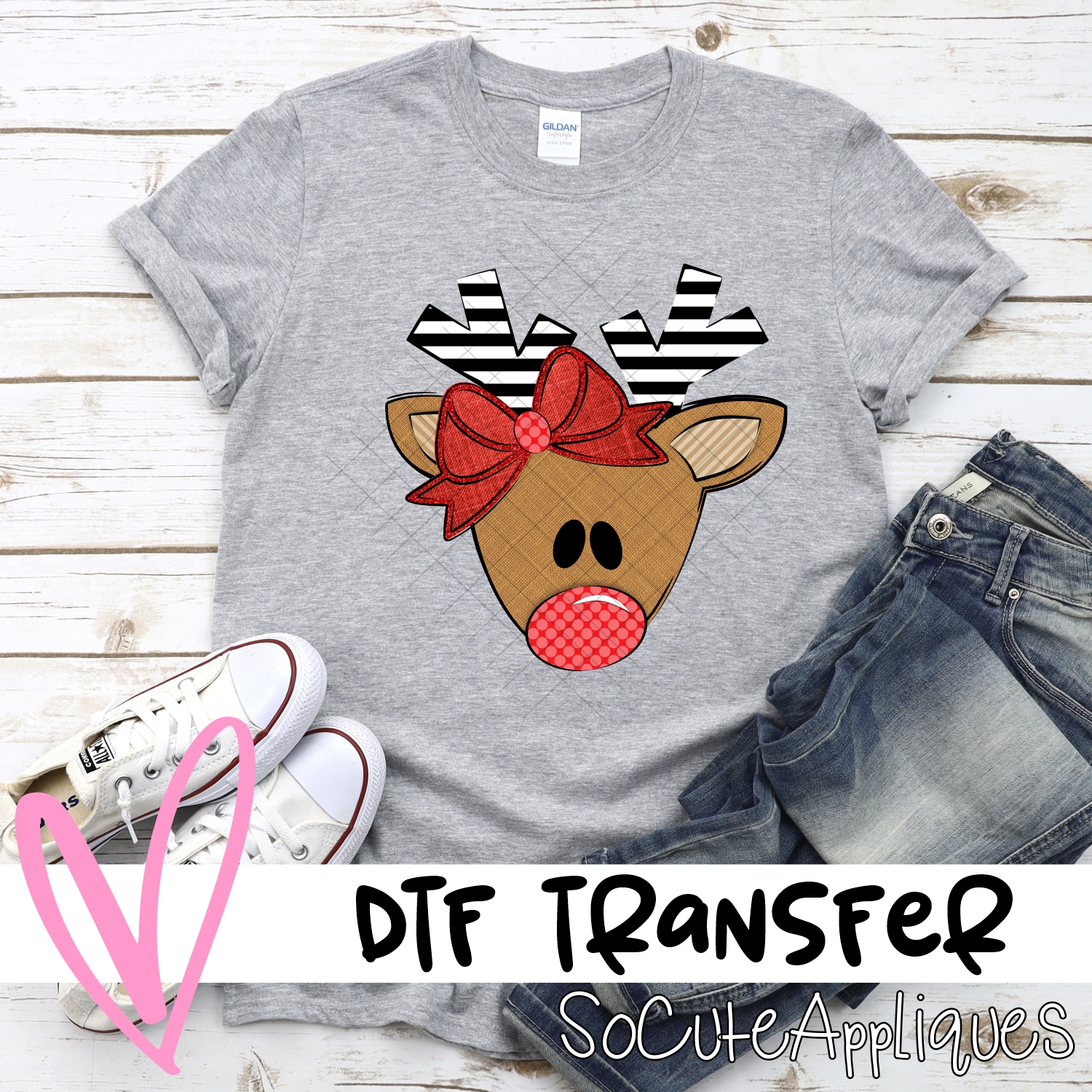 Triangle deer stripe antlers red bow *DTF* Transfer