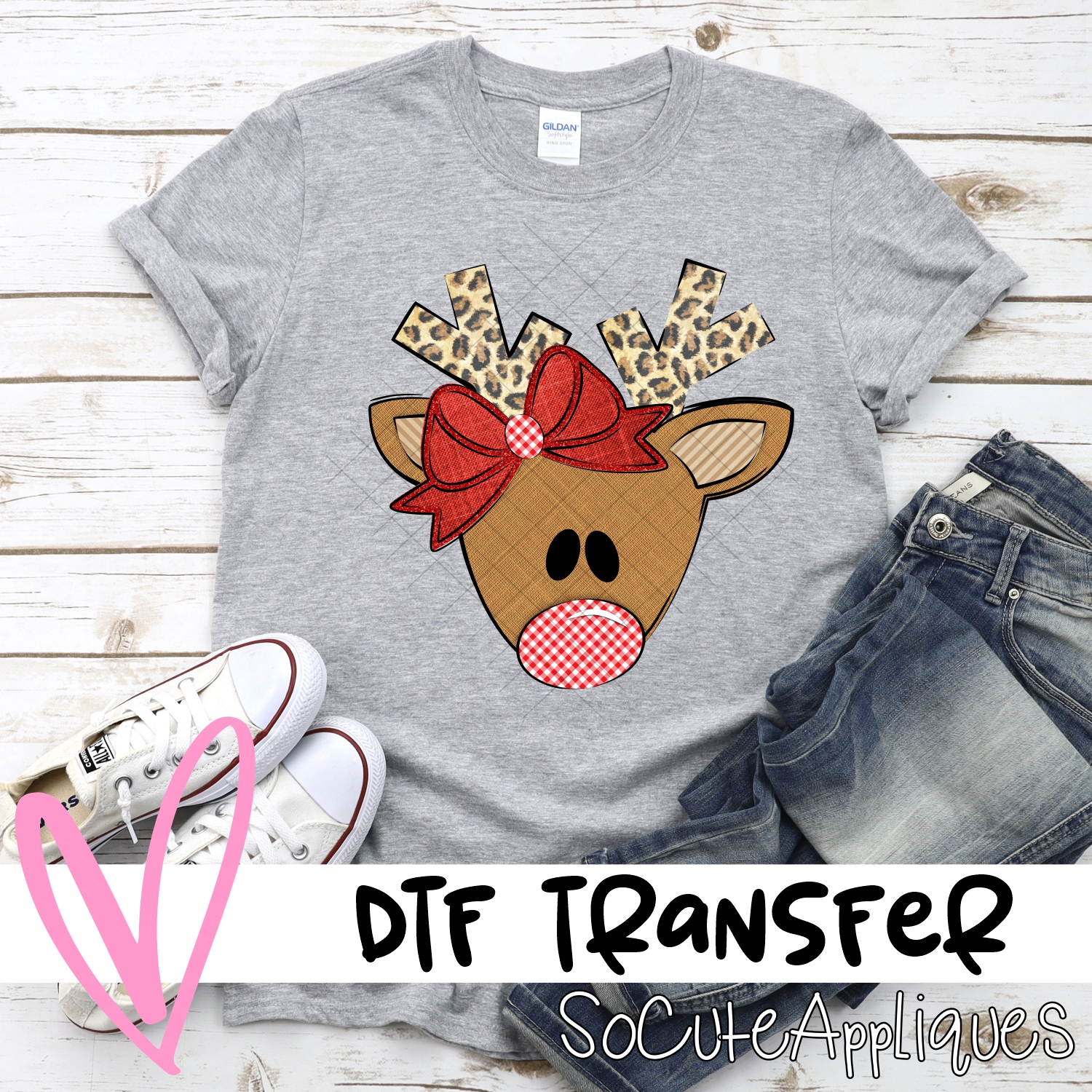Triangle deer leopard antlers red bow *DTF* Transfer