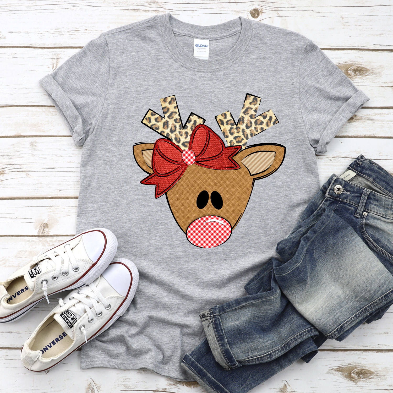 Triangle deer leopard antlers red bow *DTF* Transfer - Image 2