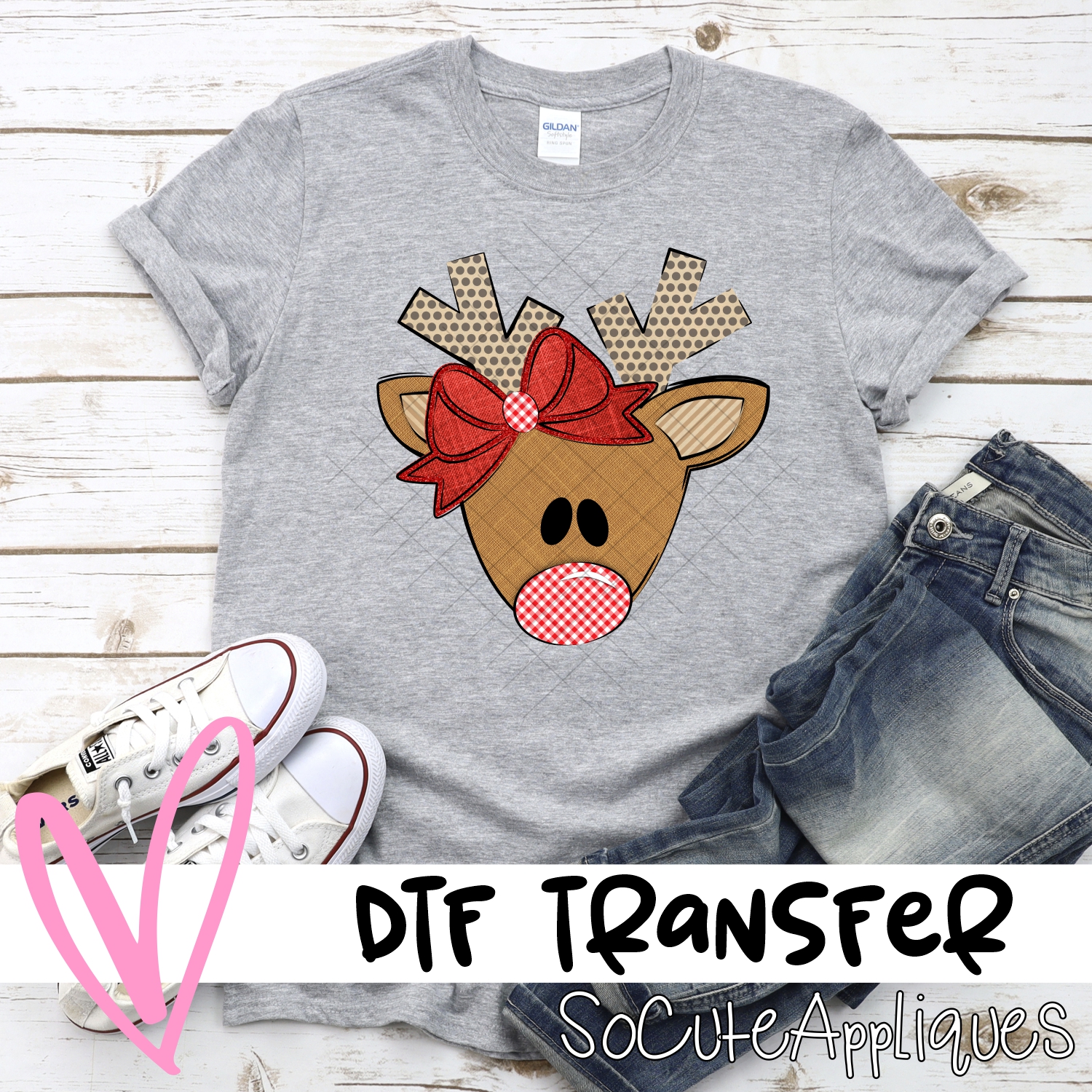 Triangle deer dot antlers red bow *DTF* Transfer