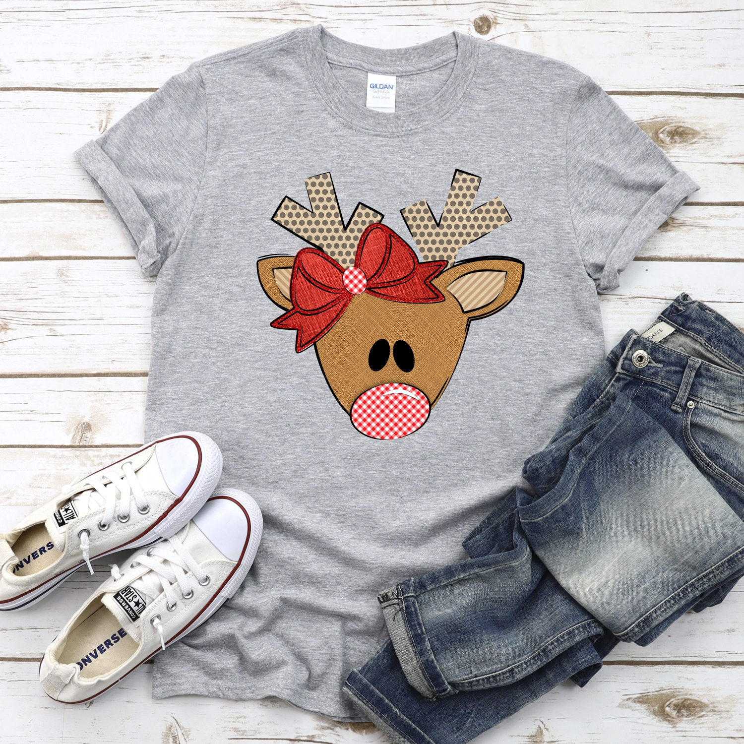 Triangle deer dot antlers red bow *DTF* Transfer - Image 2
