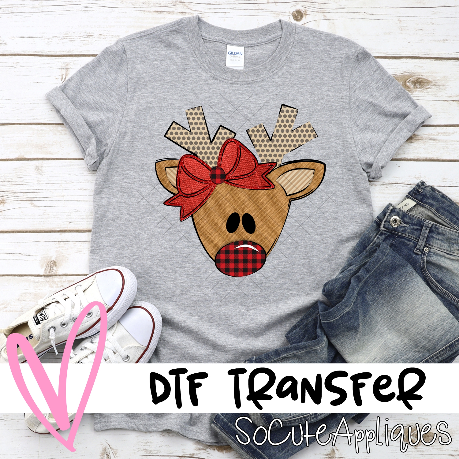 Triangle deer dot antlers plaid nose red bow *DTF* Transfer